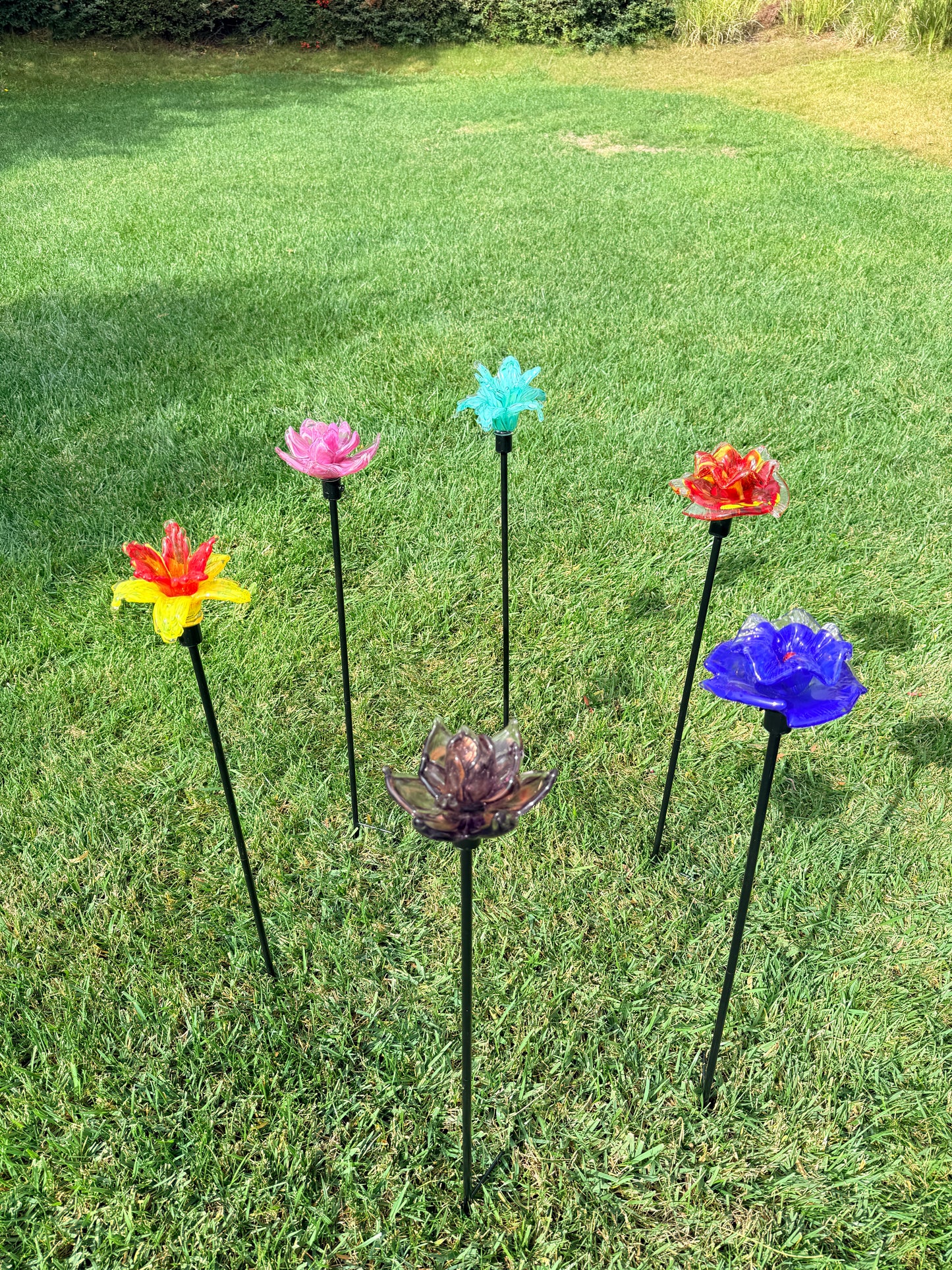 Set of 2 Large Handcrafted Art Glass Flower Stake