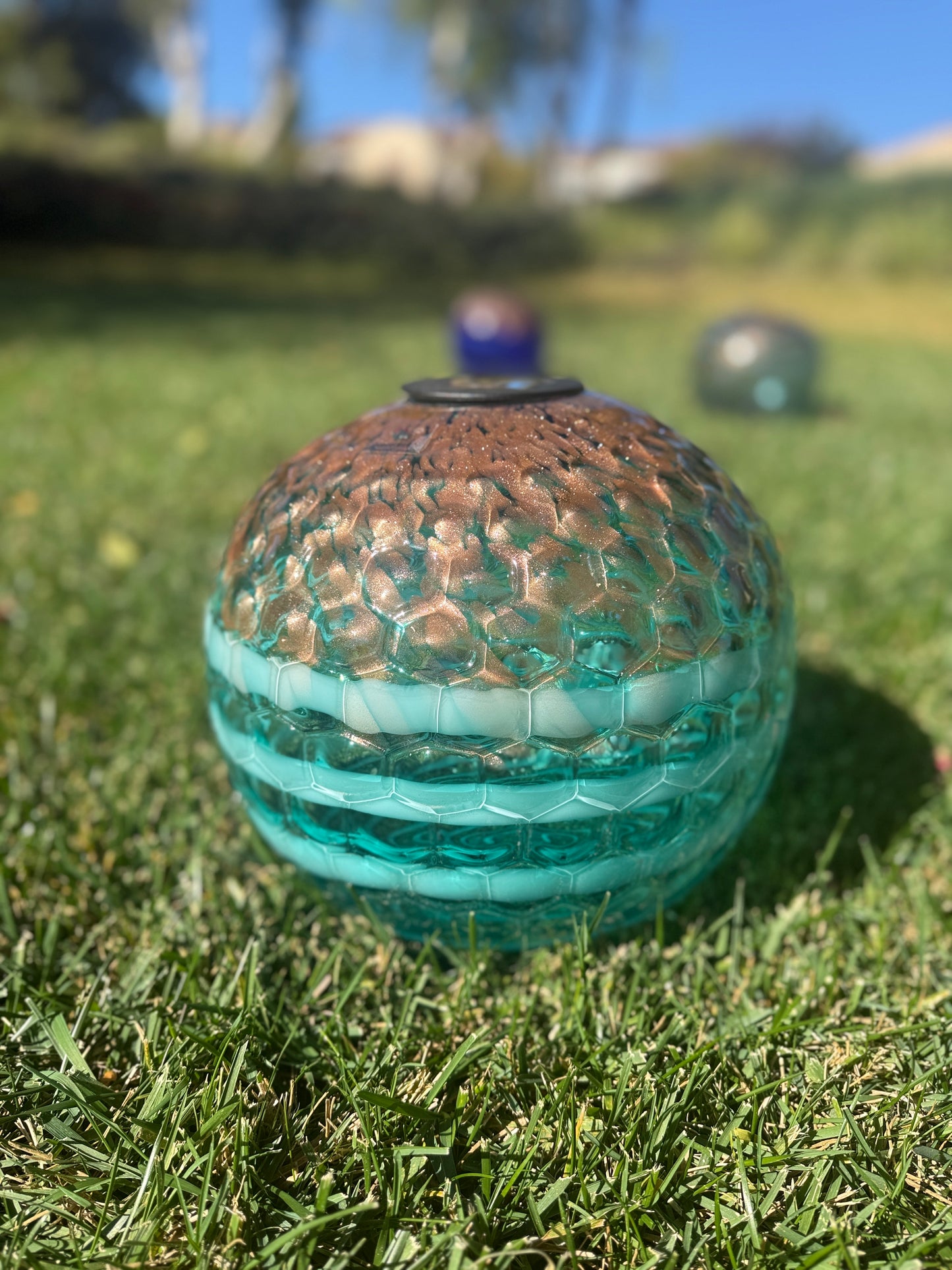 12" Hand Blown Art Glass Solar Gaze Ball Teal Gold