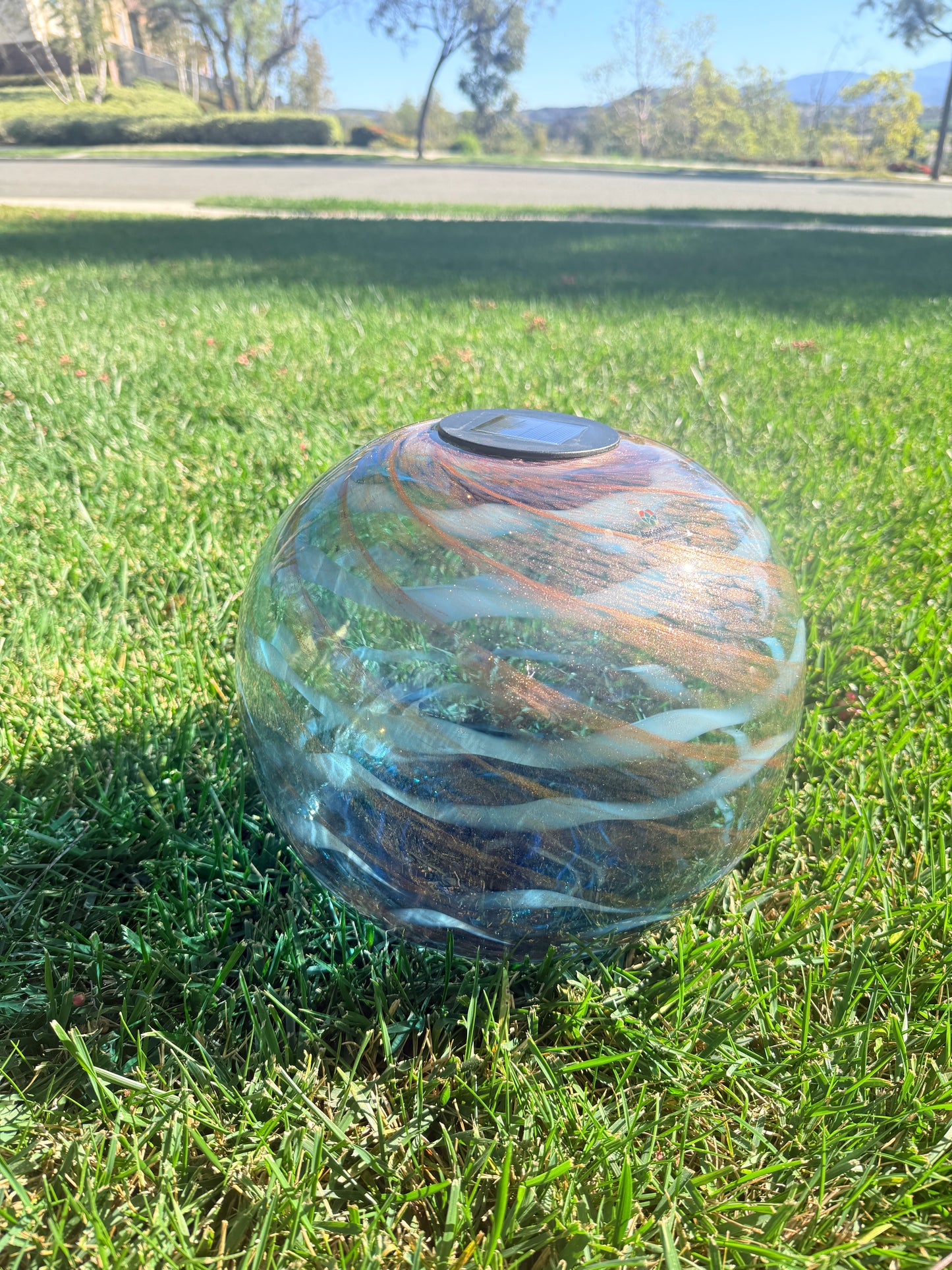 12" Hand Blown Art Glass Solar Gaze Ball Blue Swirl
