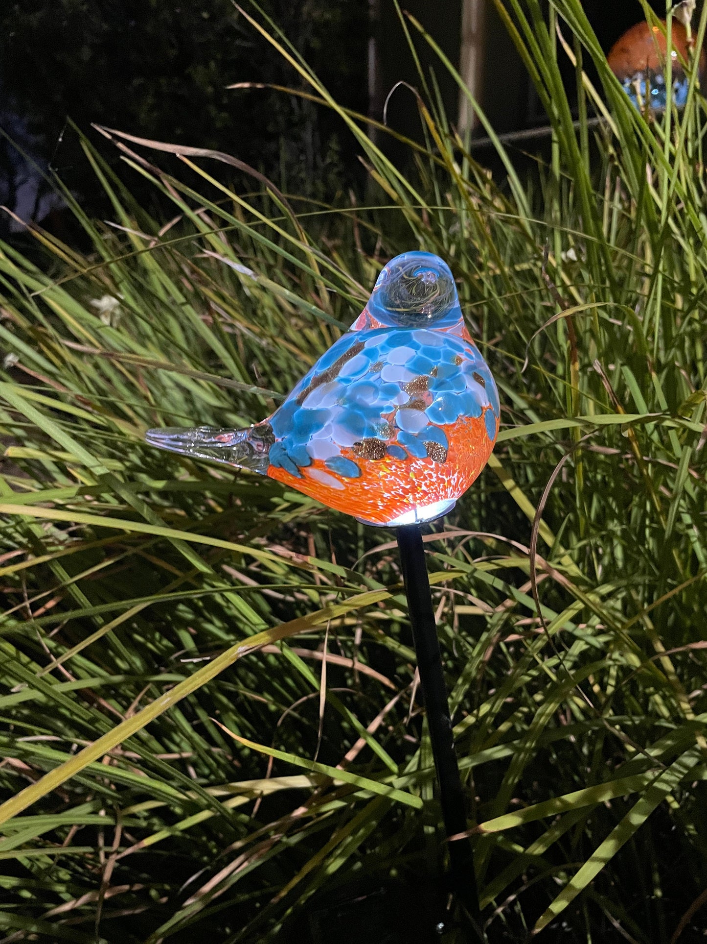 Set of 2 Handmade Art Glass LED Solar path garden lights - Bird Sun Catcher Garden Stake Statue Figurine- Orange Teal