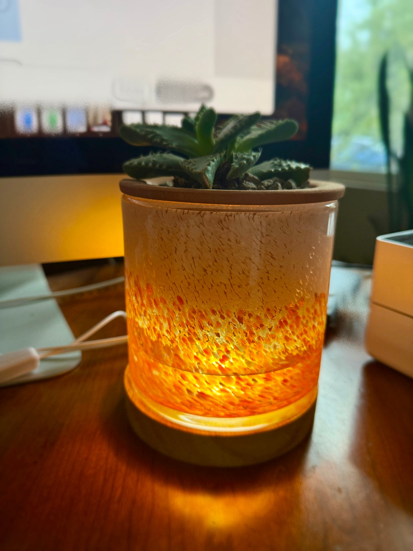 4.5" Art Glass Self Watering Planter with LED wood base