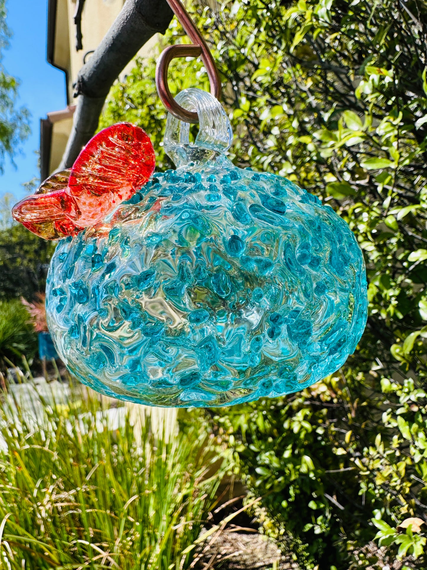 Handblown Art Glass Humming Bird Feeder Free shipping