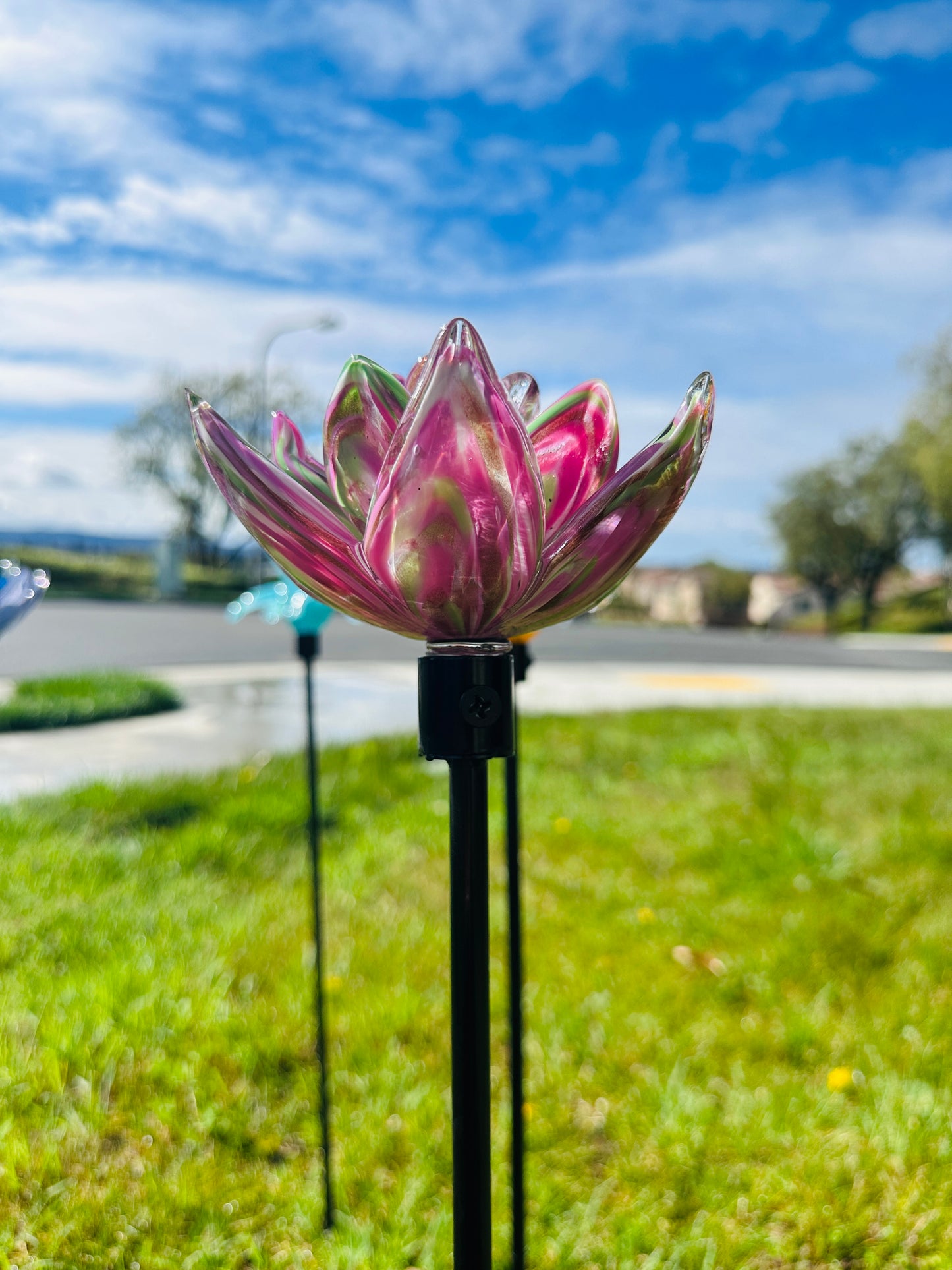 Set of 2 Large Handcrafted Art Glass Flower Stake