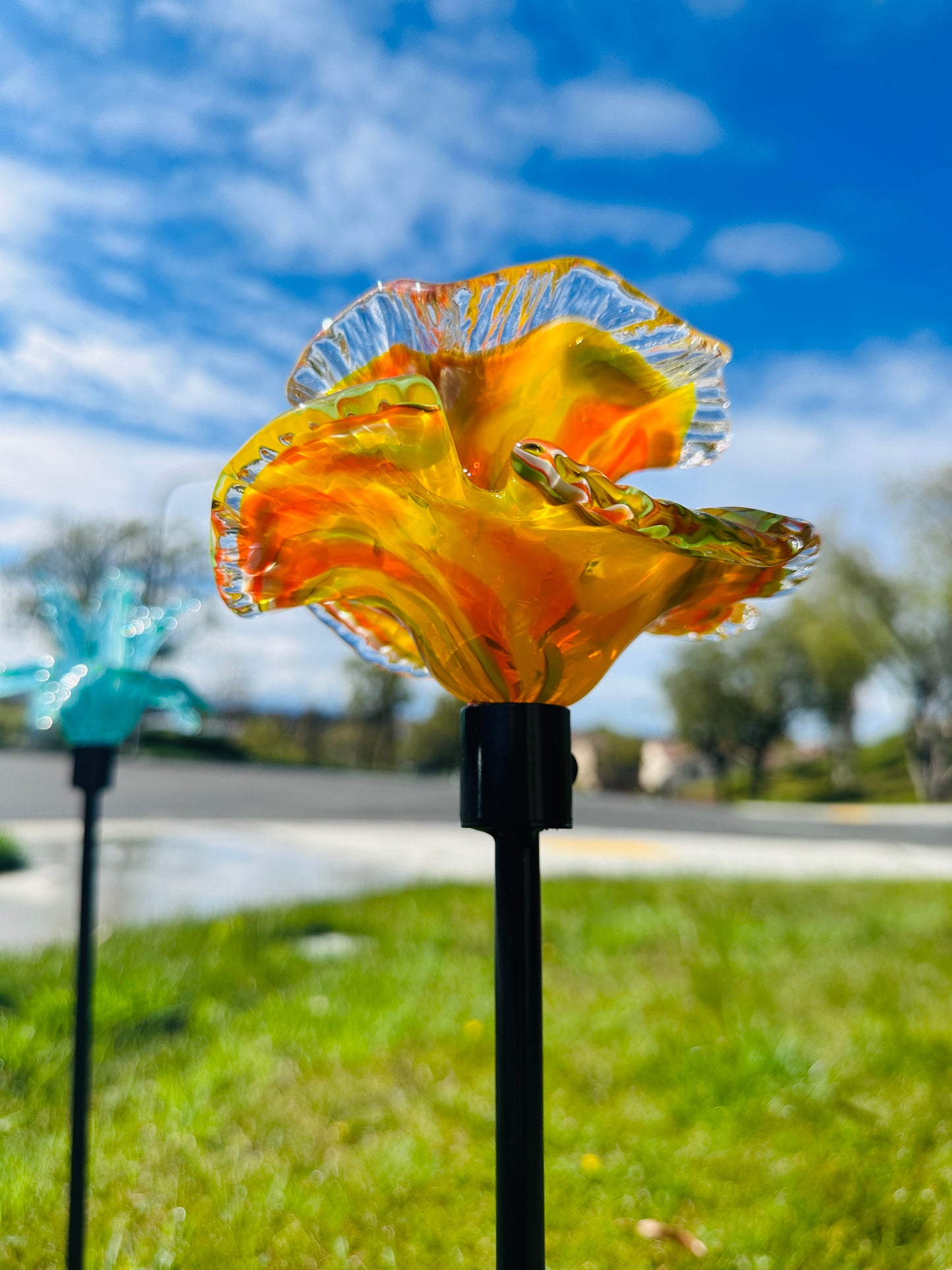 Set of 2 Large Handcrafted Art Glass Flower Stake