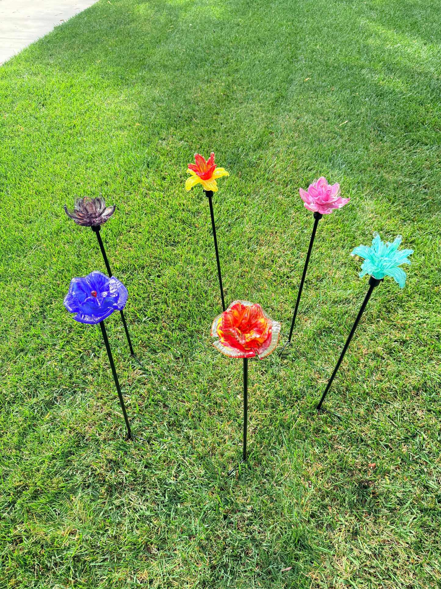 Set of 2 Large Handcrafted Art Glass Flower Stake