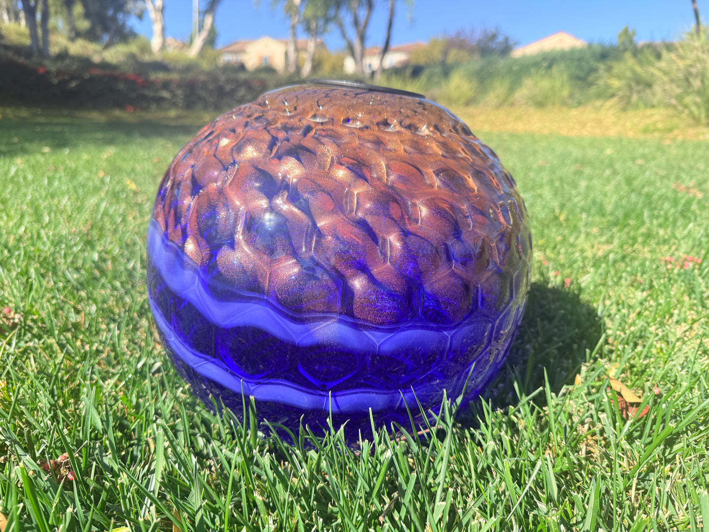 12" Hand Blown Art Glass Solar Gaze Ball Blue Gold