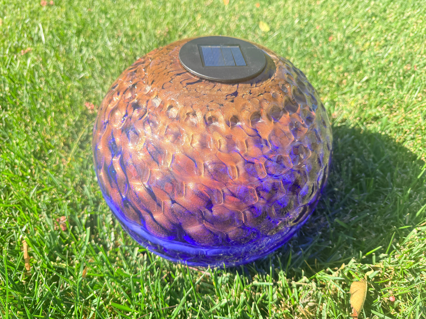 12" Hand Blown Art Glass Solar Gaze Ball Blue Gold