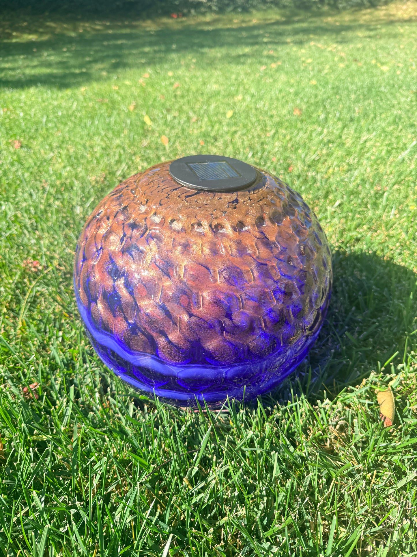 12" Hand Blown Art Glass Solar Gaze Ball Blue Gold