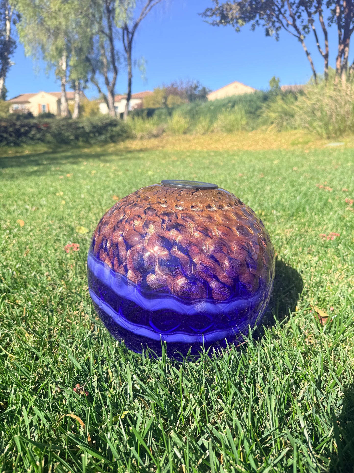 12" Hand Blown Art Glass Solar Gaze Ball Blue Gold