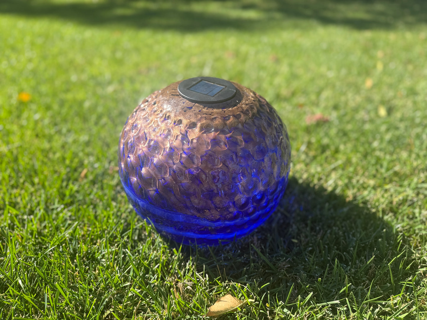 12" Hand Blown Art Glass Solar Gaze Ball Blue Gold