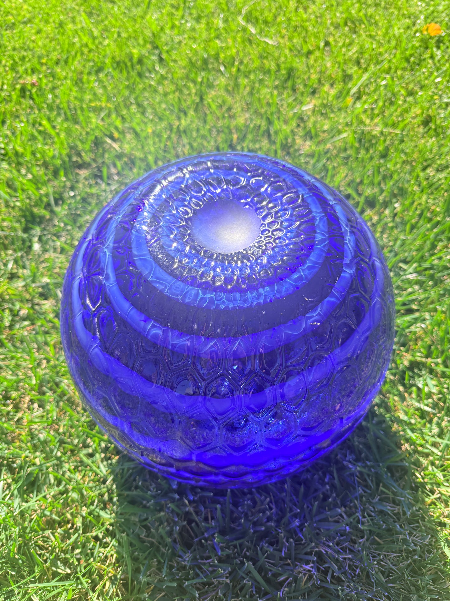 12" Hand Blown Art Glass Solar Gaze Ball Blue Gold