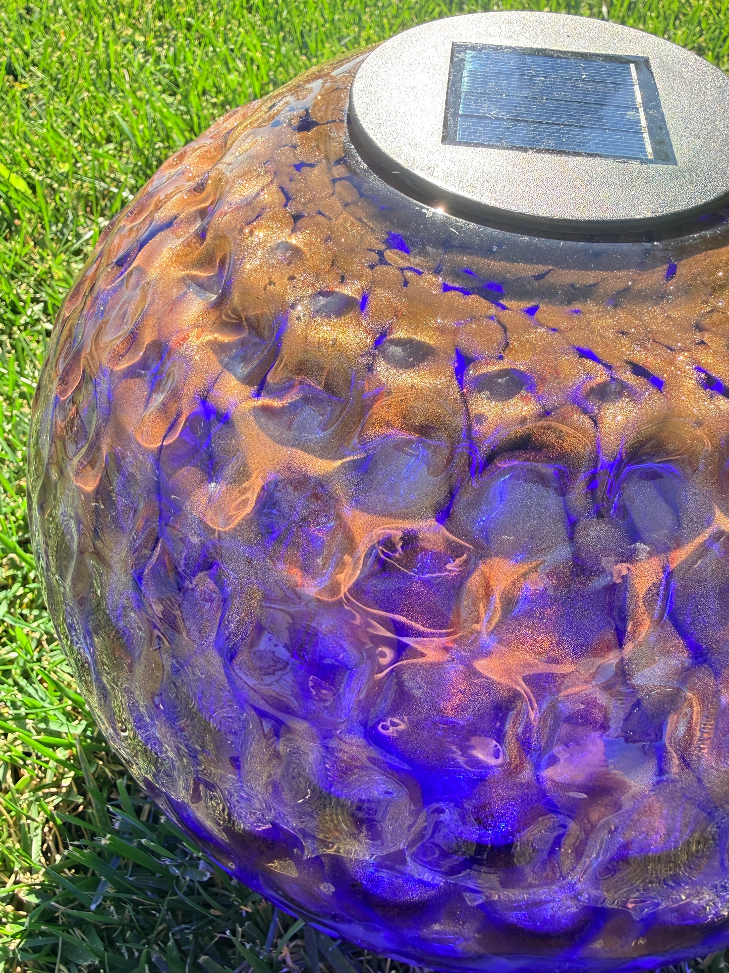 12" Hand Blown Art Glass Solar Gaze Ball Blue Gold