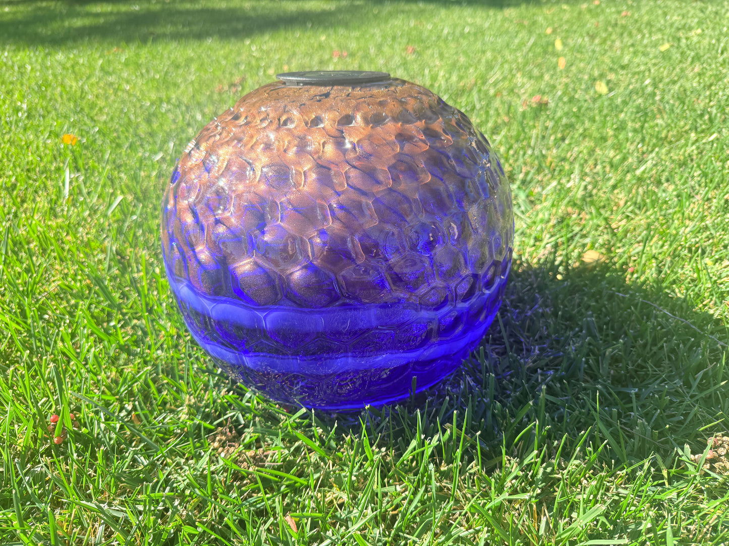12" Hand Blown Art Glass Solar Gaze Ball Blue Gold