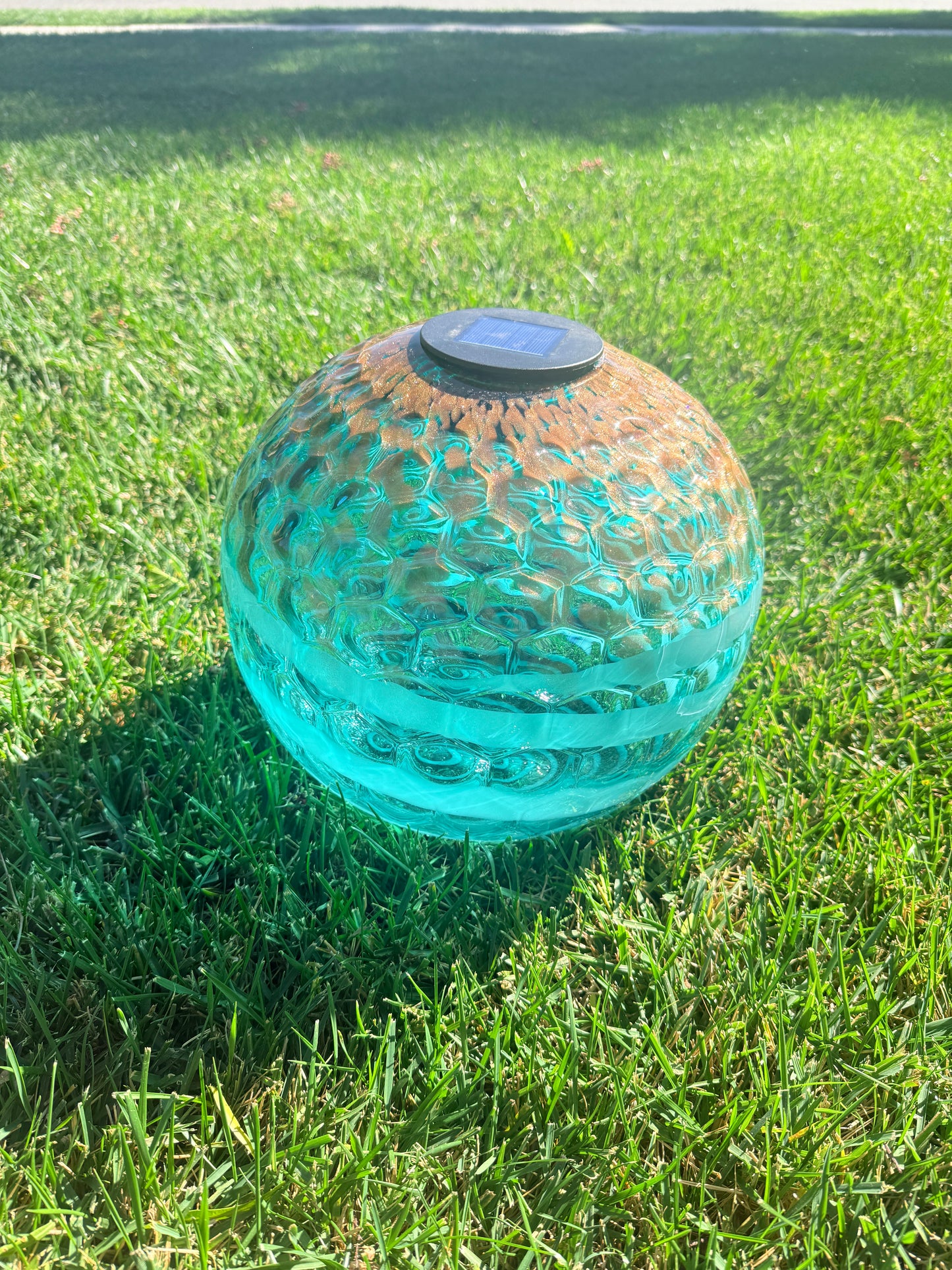 12" Hand Blown Art Glass Solar Gaze Ball Teal Gold