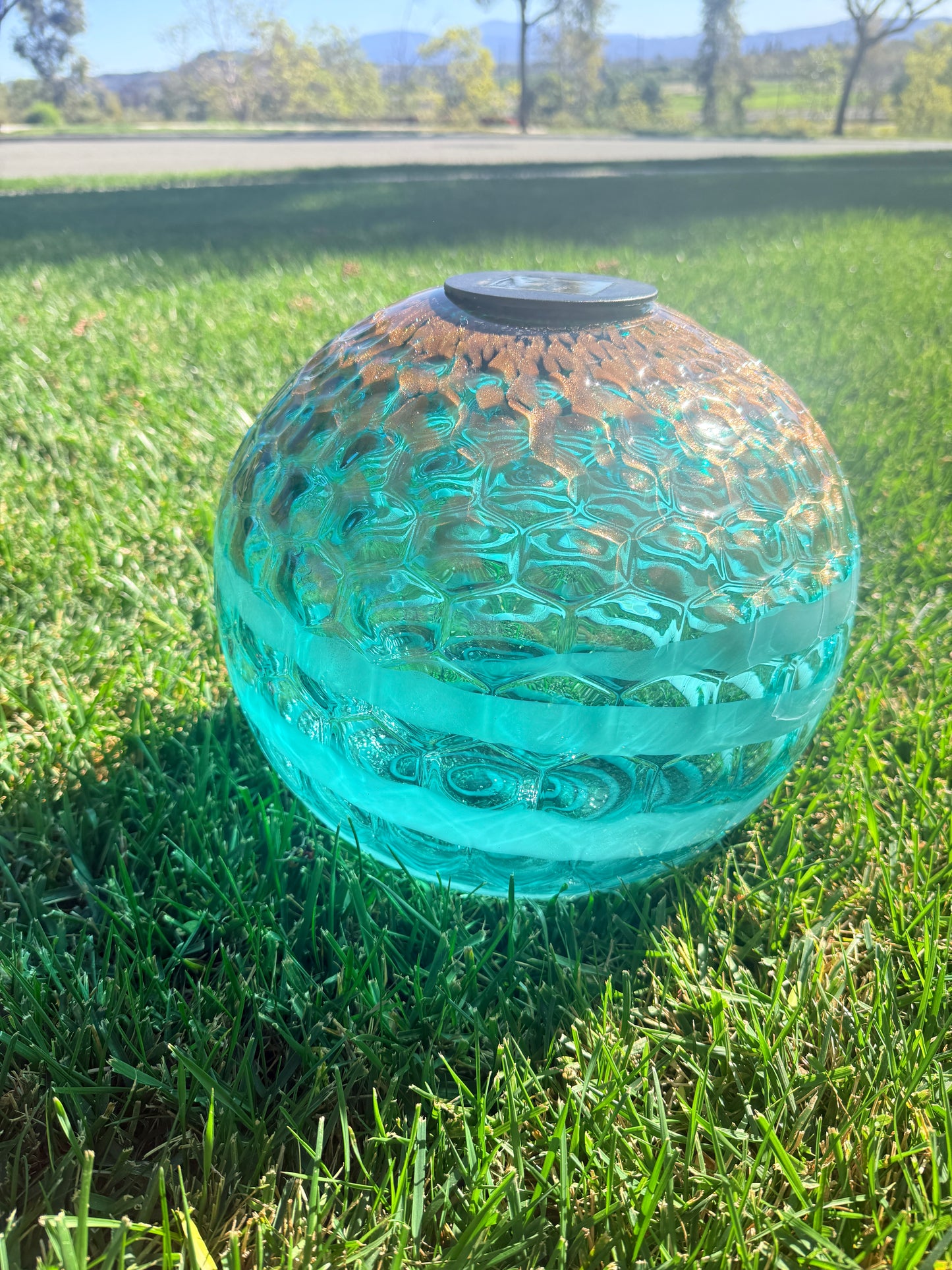 12" Hand Blown Art Glass Solar Gaze Ball Teal Gold
