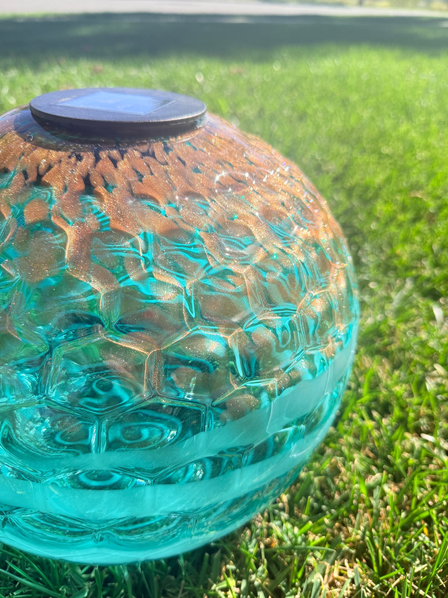 12" Hand Blown Art Glass Solar Gaze Ball Teal Gold