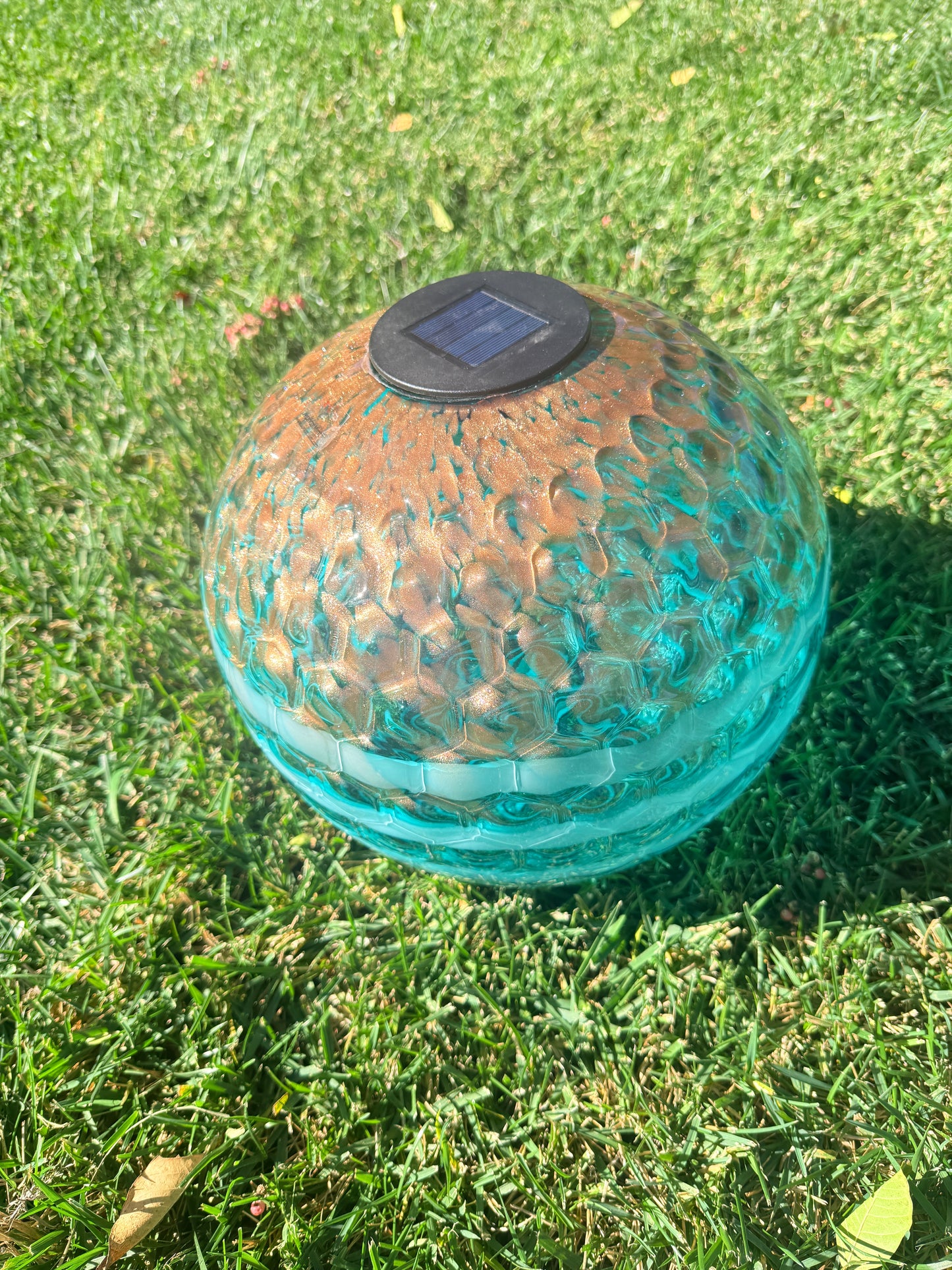 12" Hand Blown Art Glass Solar Gaze Ball Teal Gold