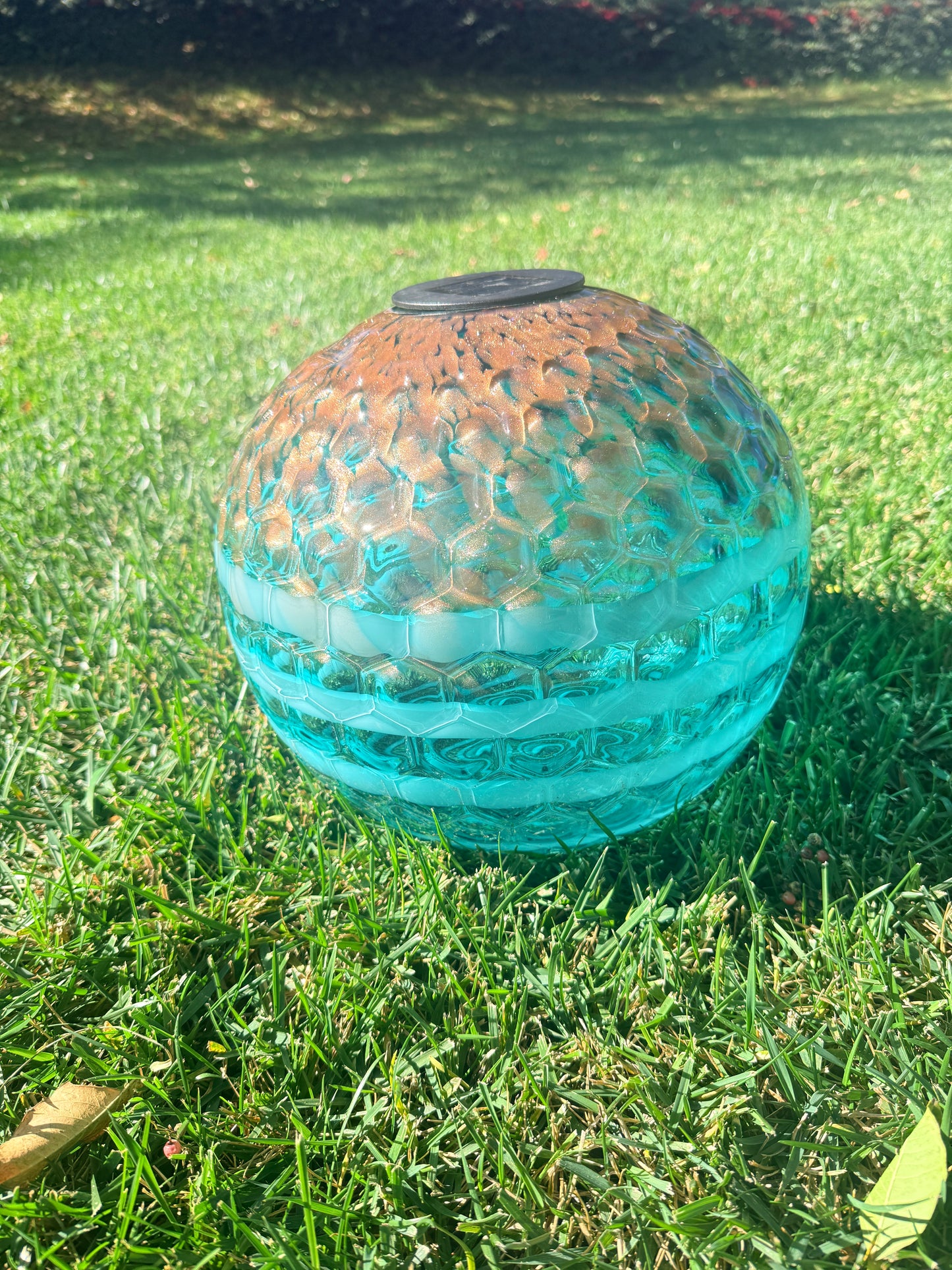 12" Hand Blown Art Glass Solar Gaze Ball Teal Gold
