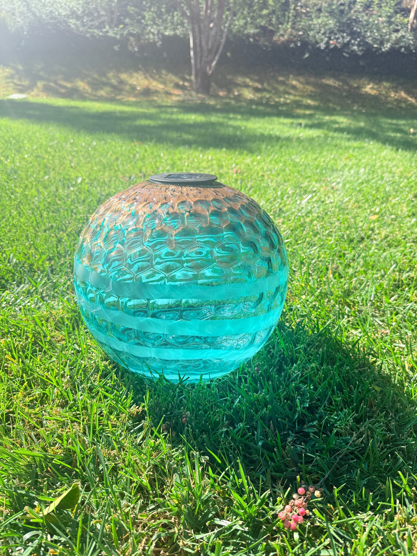 12" Hand Blown Art Glass Solar Gaze Ball Teal Gold