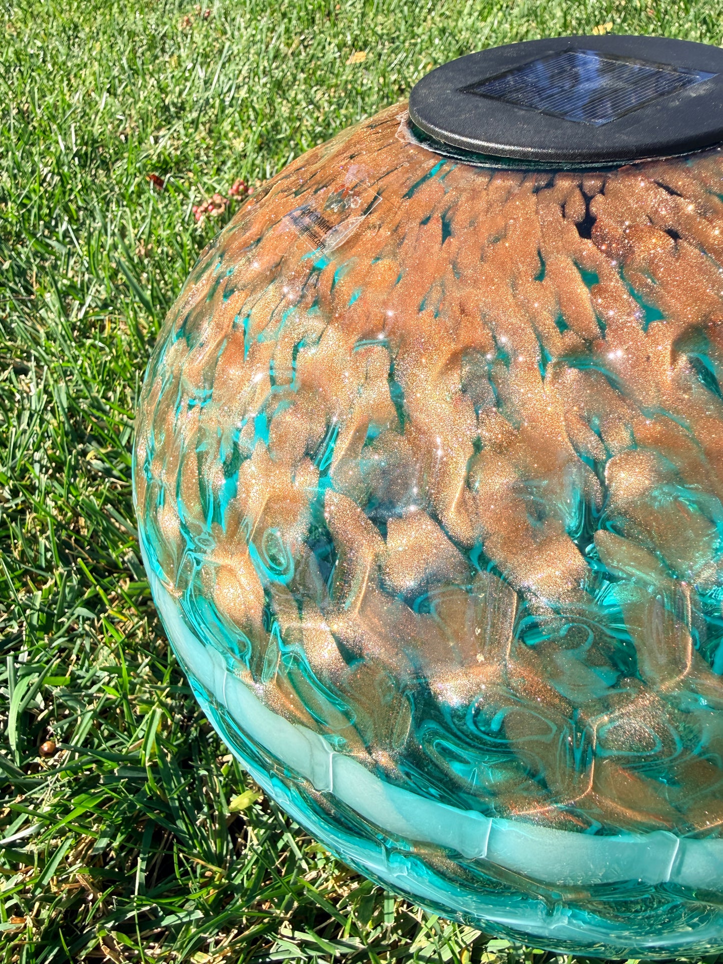 12" Hand Blown Art Glass Solar Gaze Ball Teal Gold