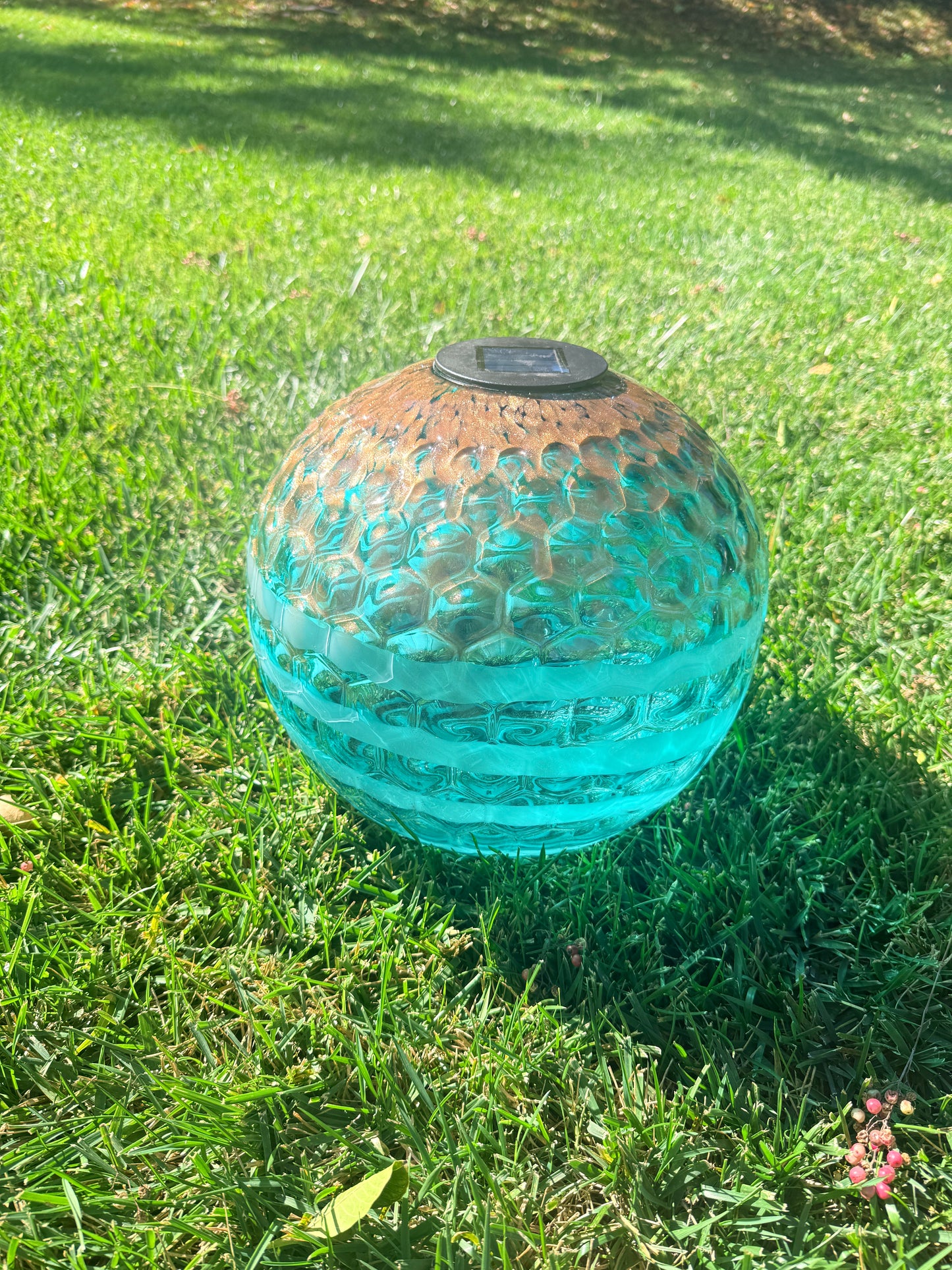 12" Hand Blown Art Glass Solar Gaze Ball Teal Gold