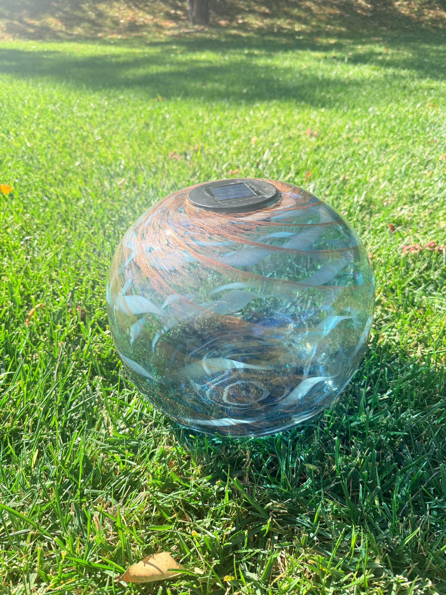 12" Hand Blown Art Glass Solar Gaze Ball Blue Swirl