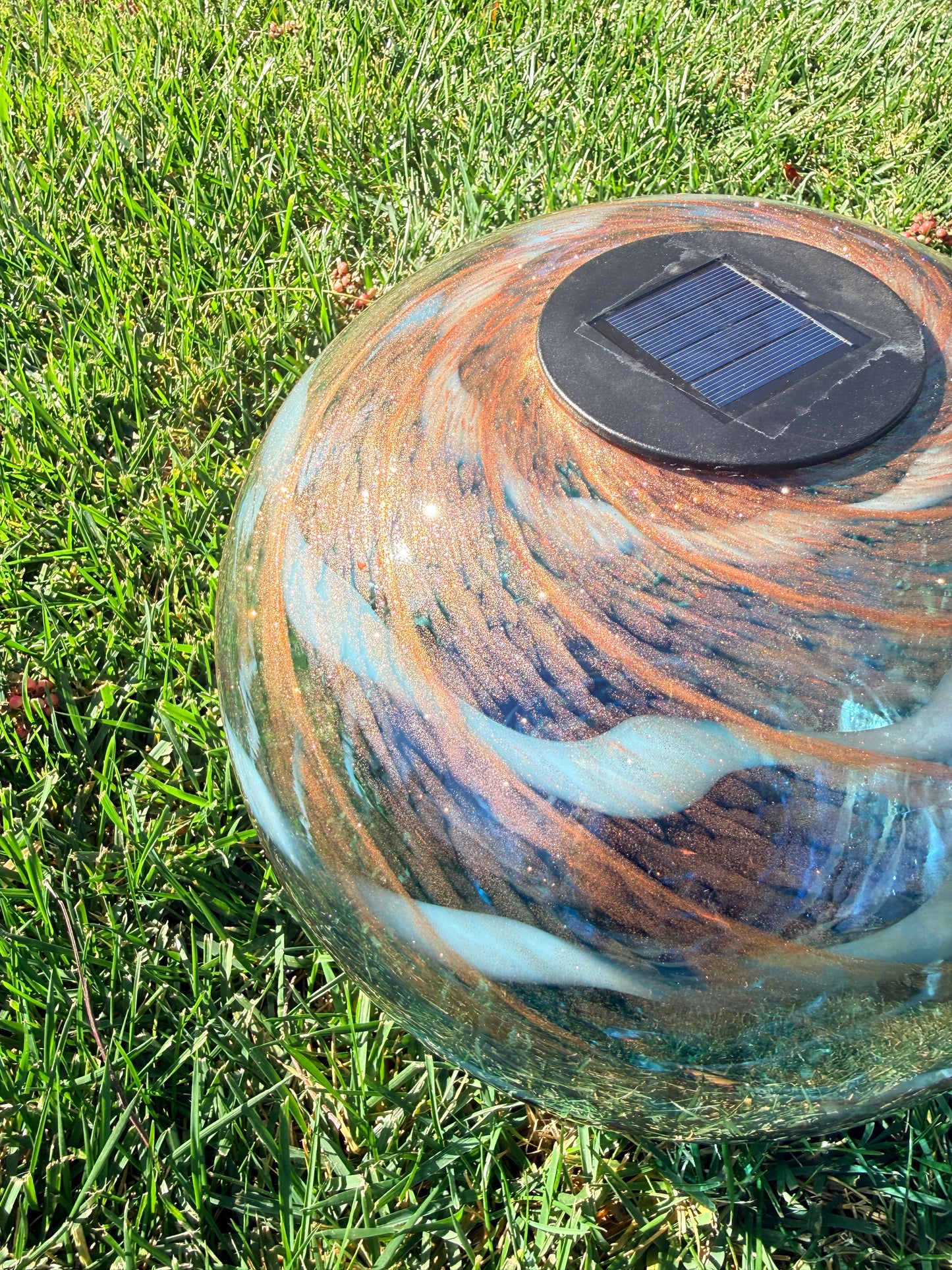 12" Hand Blown Art Glass Solar Gaze Ball Blue Swirl