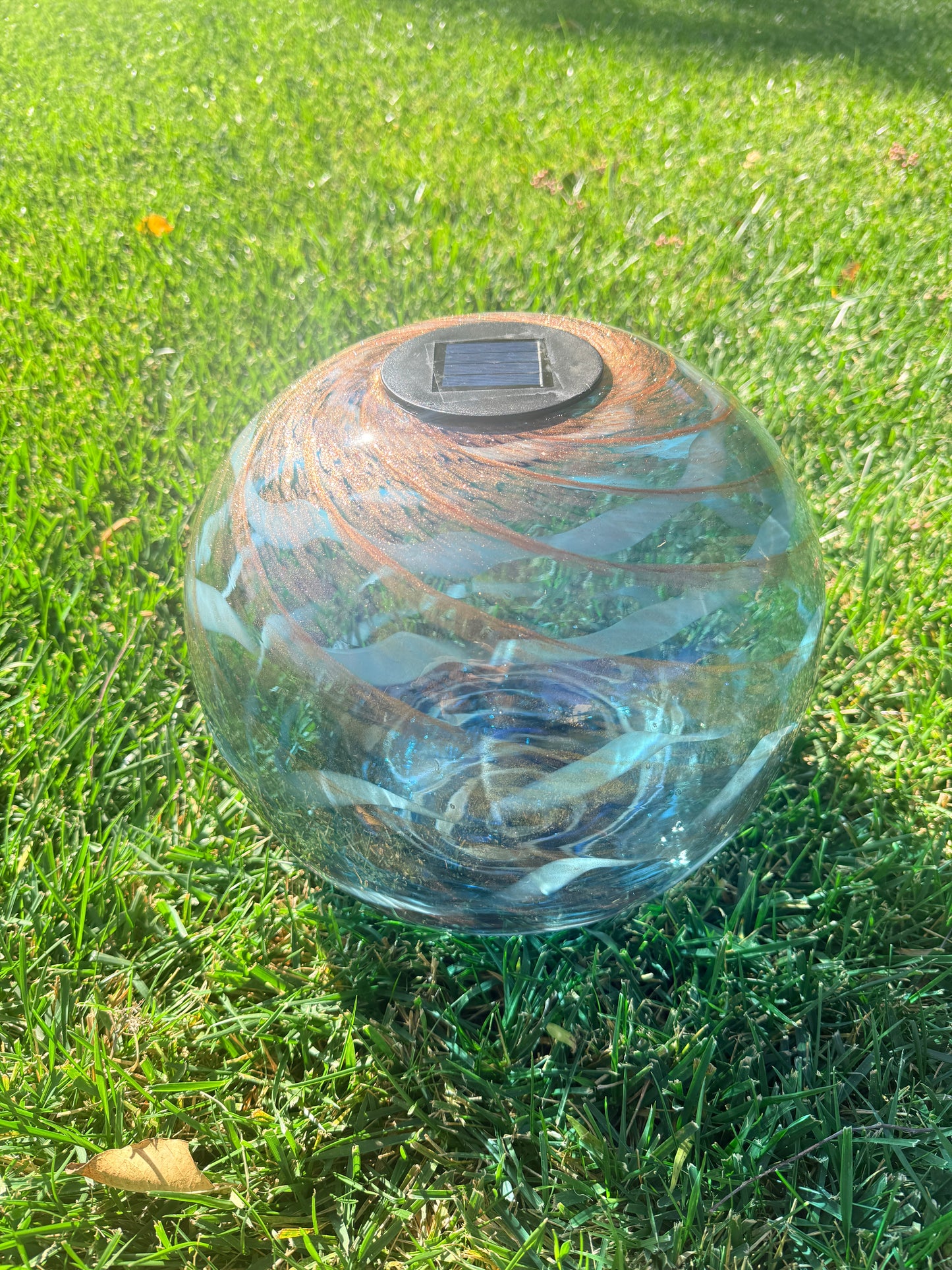 12" Hand Blown Art Glass Solar Gaze Ball Blue Swirl