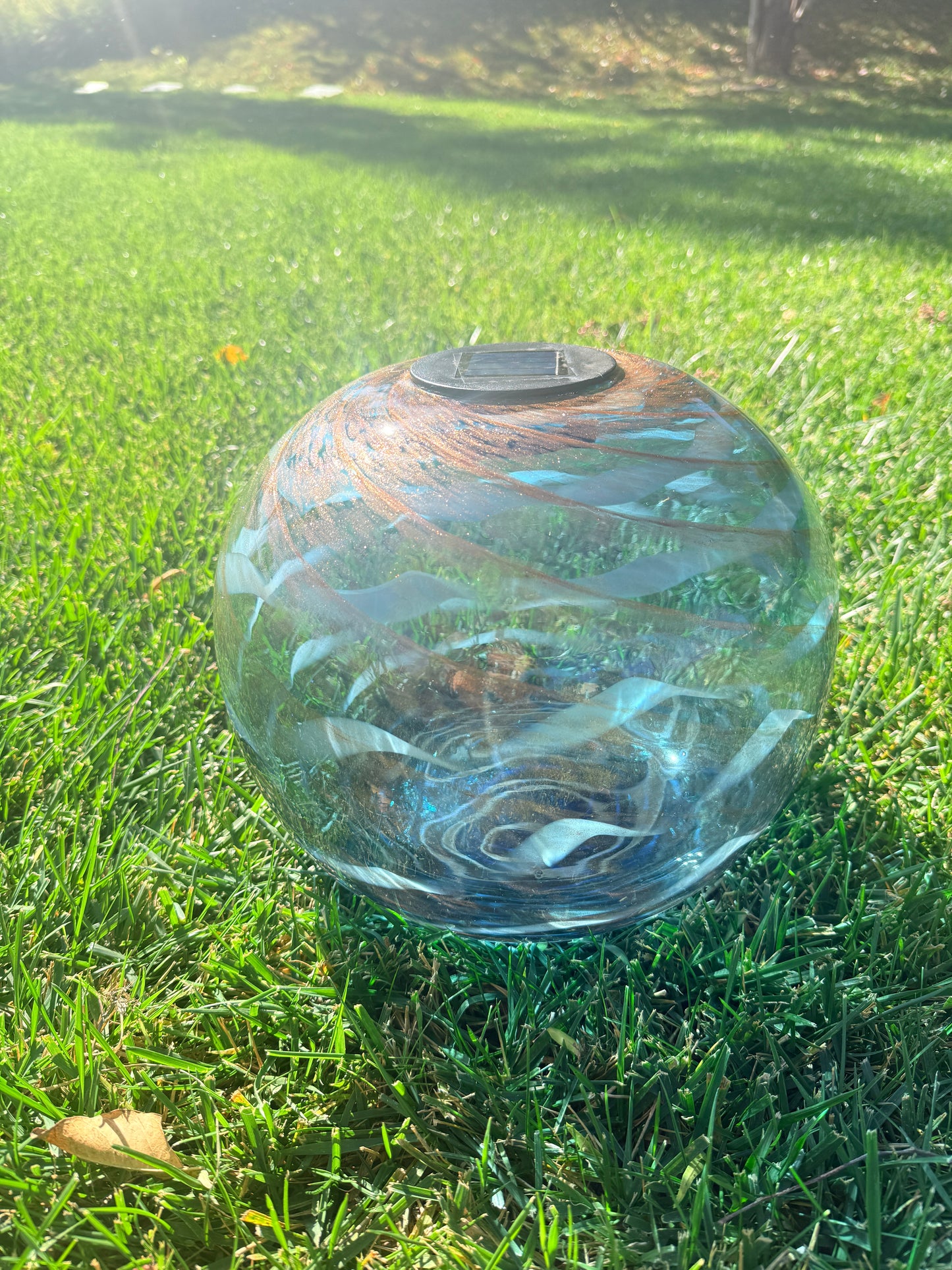 12" Hand Blown Art Glass Solar Gaze Ball Blue Swirl