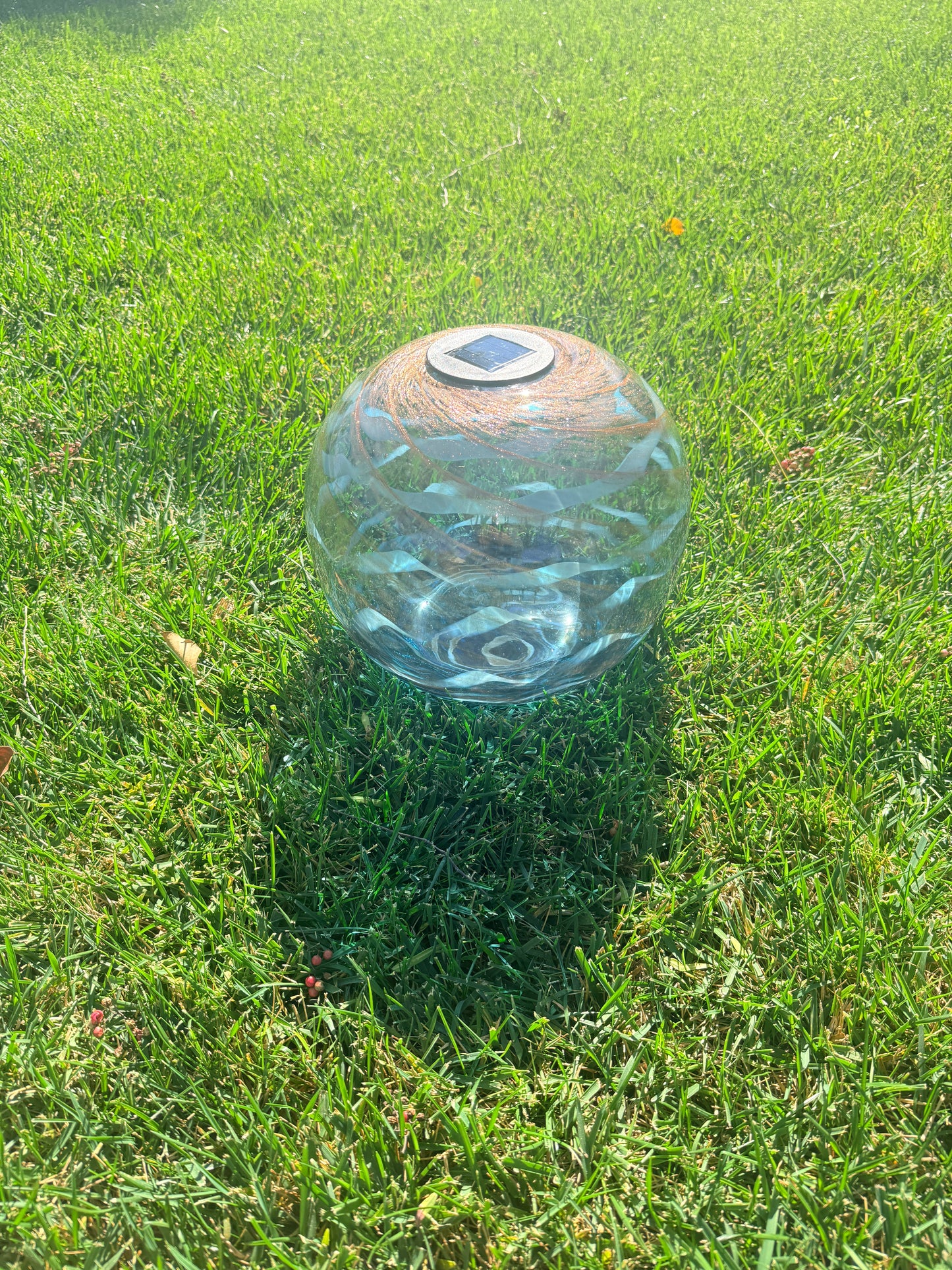 12" Hand Blown Art Glass Solar Gaze Ball Blue Swirl