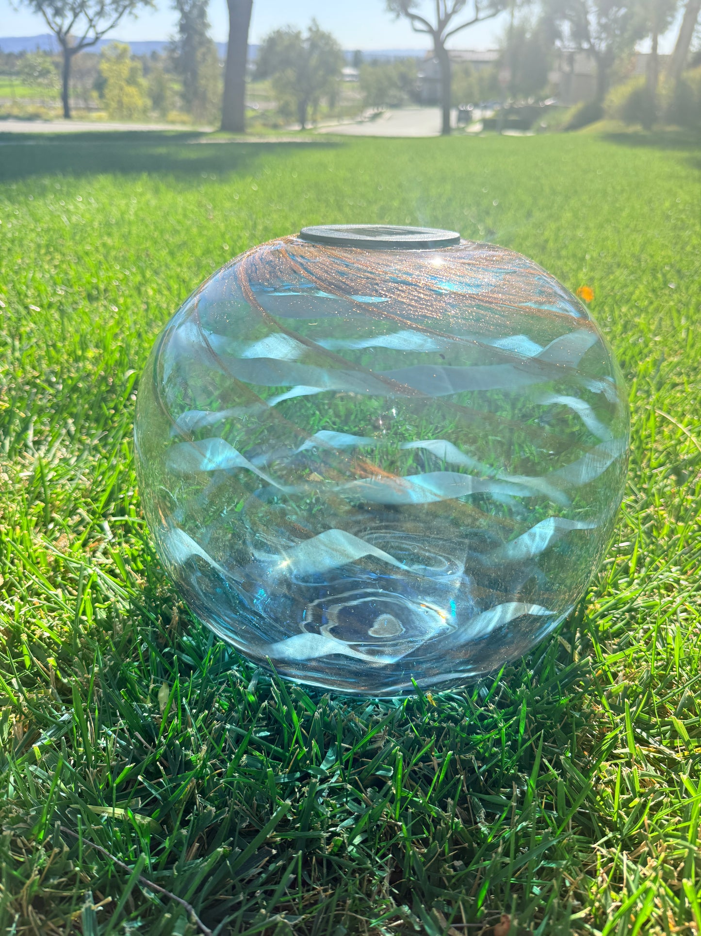12" Hand Blown Art Glass Solar Gaze Ball Blue Swirl