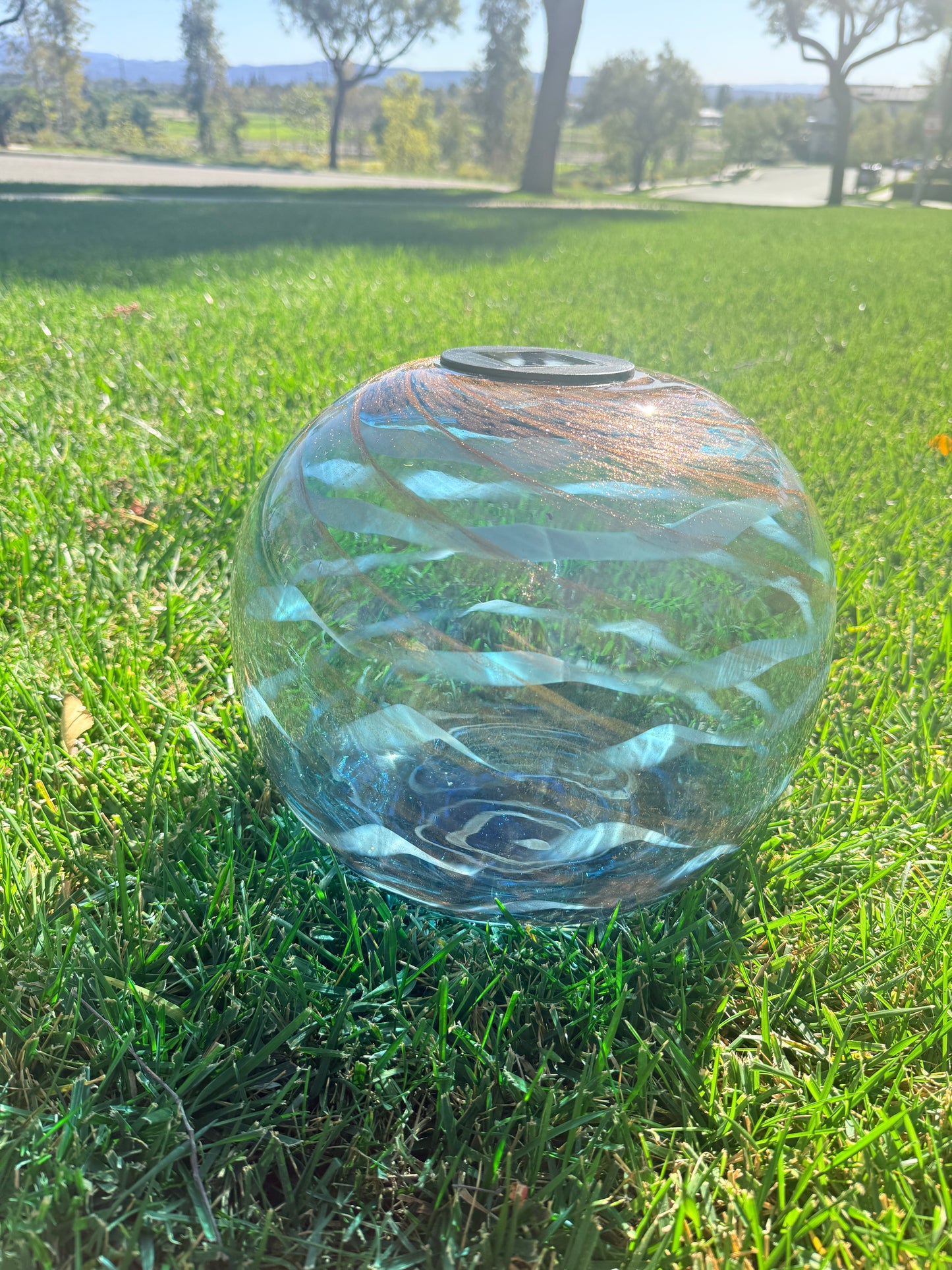 12" Hand Blown Art Glass Solar Gaze Ball Blue Swirl