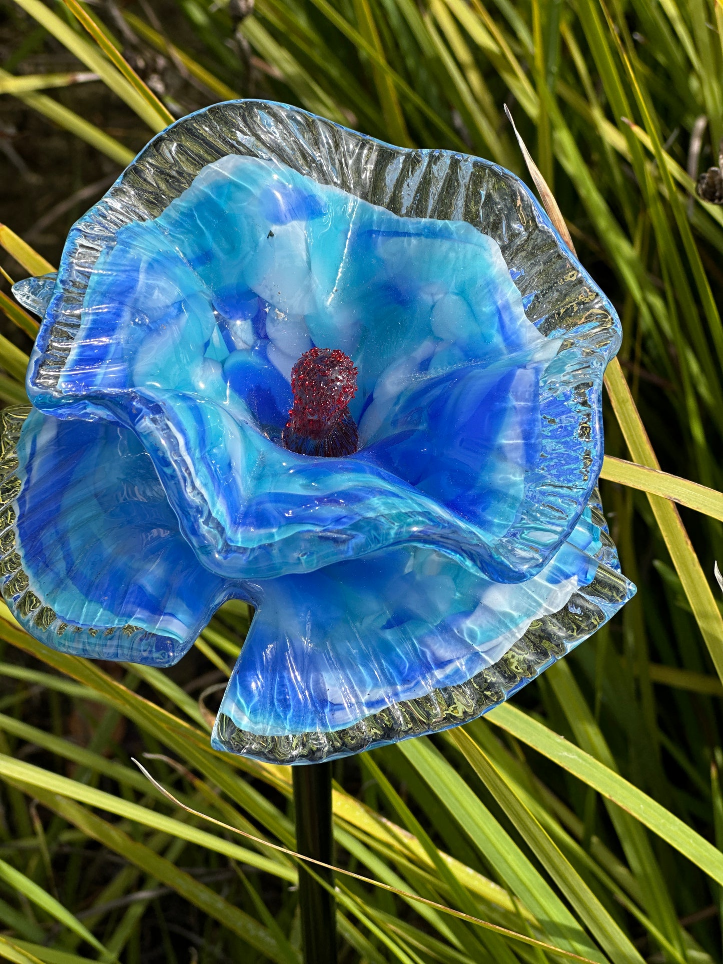 Set of 2 Large Handcrafted Art Glass Flower Stake