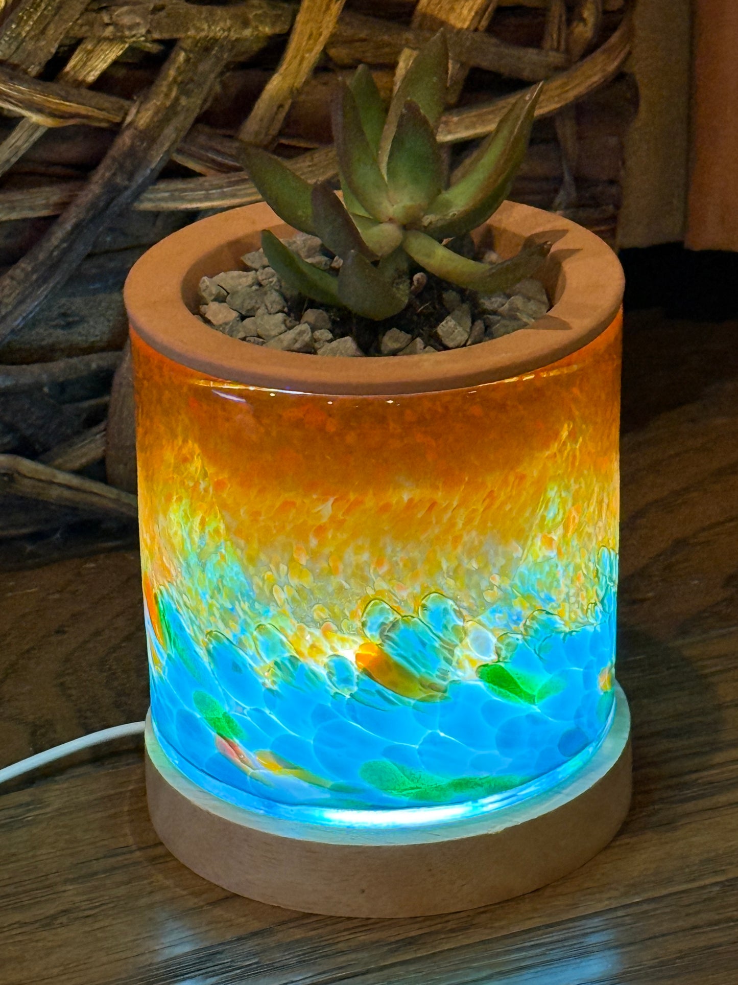 4.5" Art Glass Self Watering Planter with LED wood base