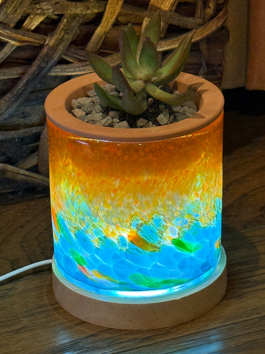4.5" Art Glass Self Watering Planter with LED wood base