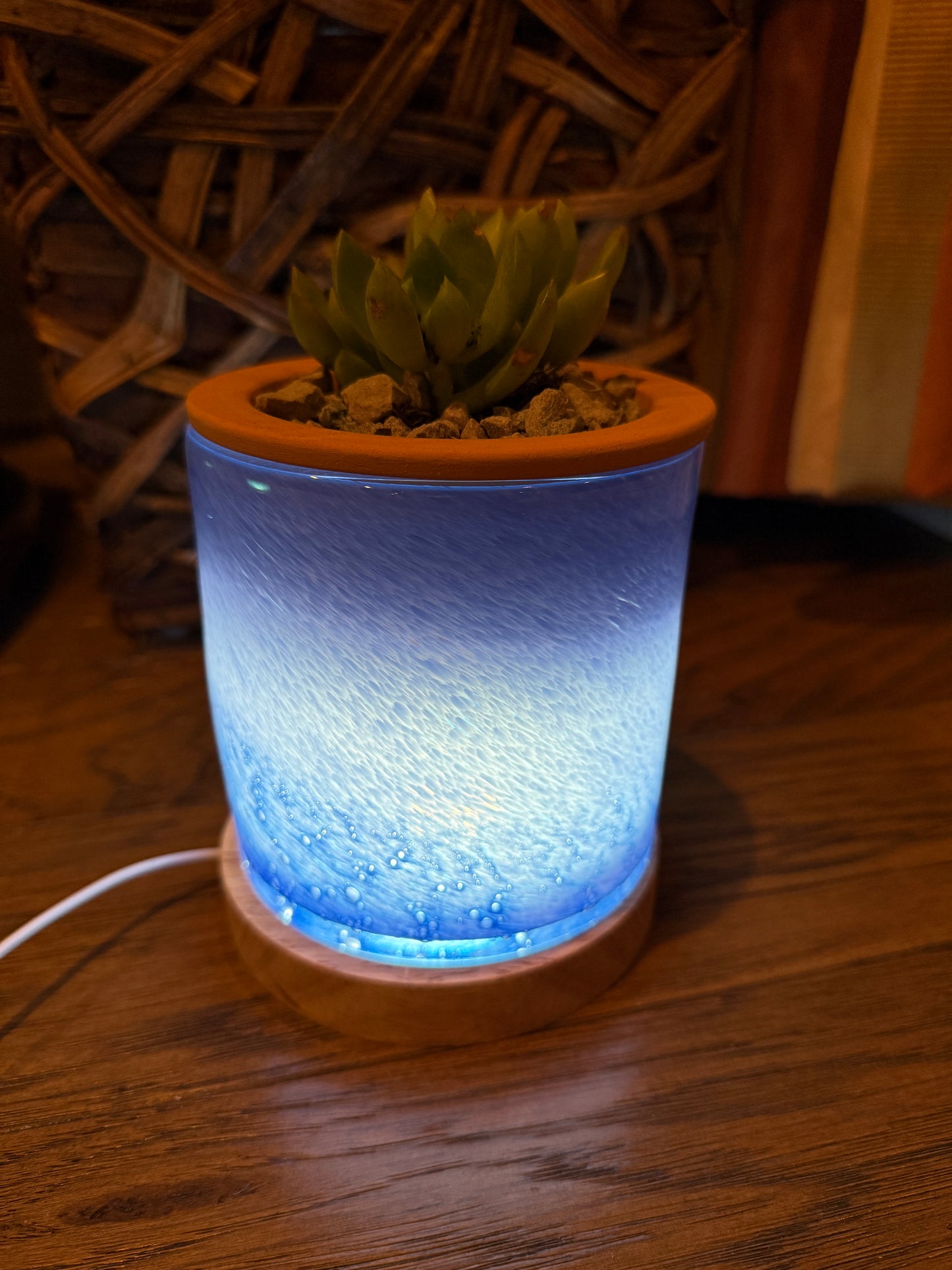 4.5" Art Glass Self Watering Planter with LED wood base