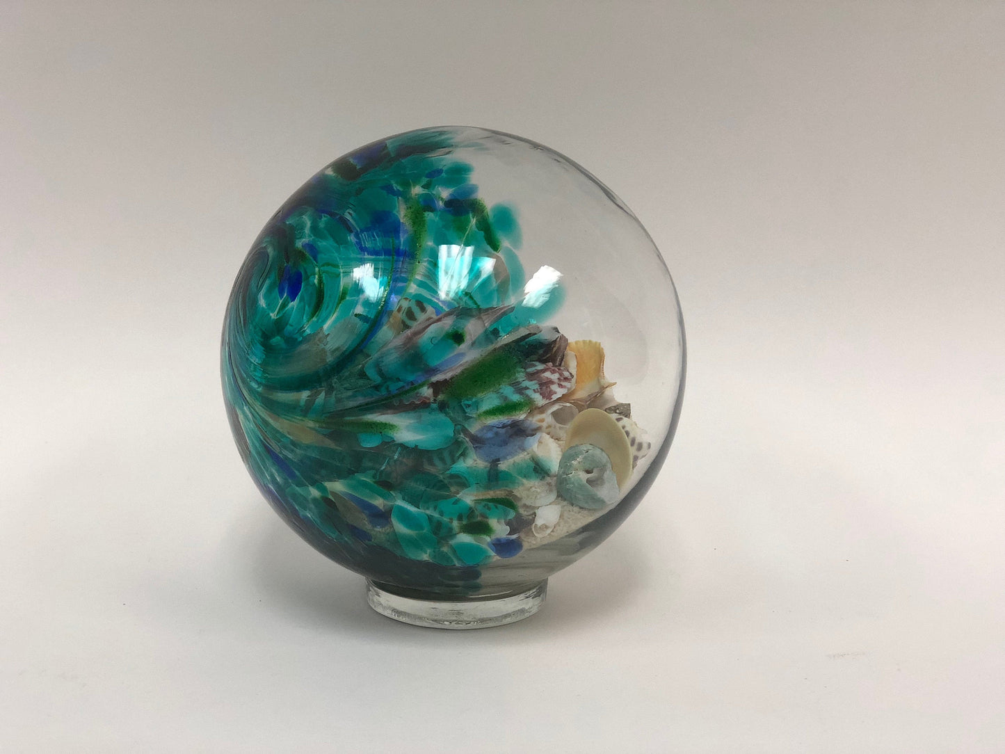 Free US Shipping~ 5.5" Lake Green Sea Globe, handblown art glass Decor Holiday Gift with natural sea shell and sand