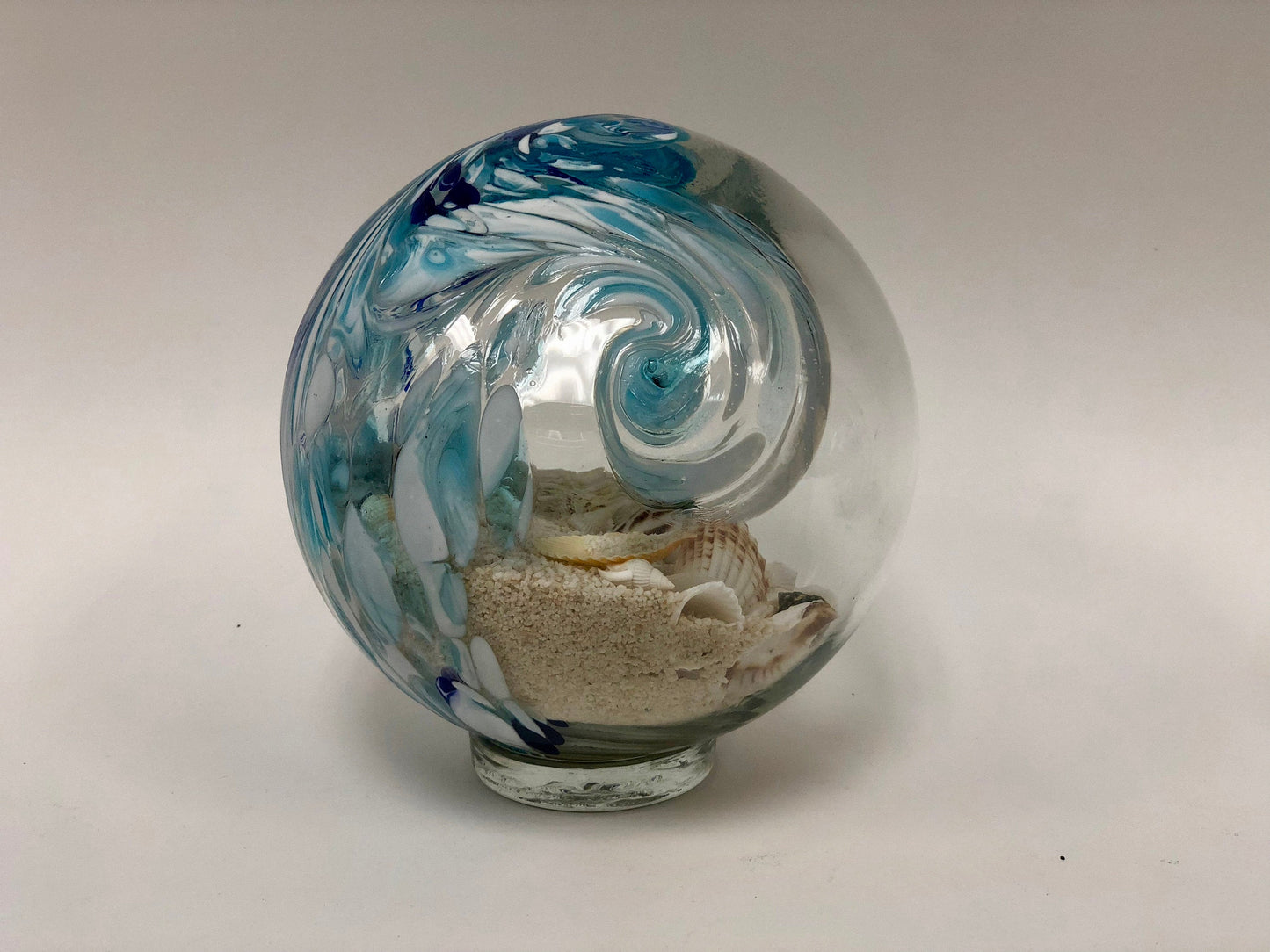 Free US Shipping~ 7" Pacific Coast Blue Sea Globe Handblown Art Glass Decor Holiday Gift with natural sea shell and sand