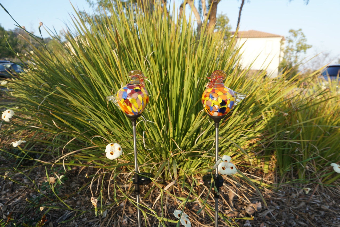 Set of 2 handmade art glass LED Solar path garden lights Garden Stake Sun Catcher Statue Figurine-Rooster Sun Catcher-Red/Multi