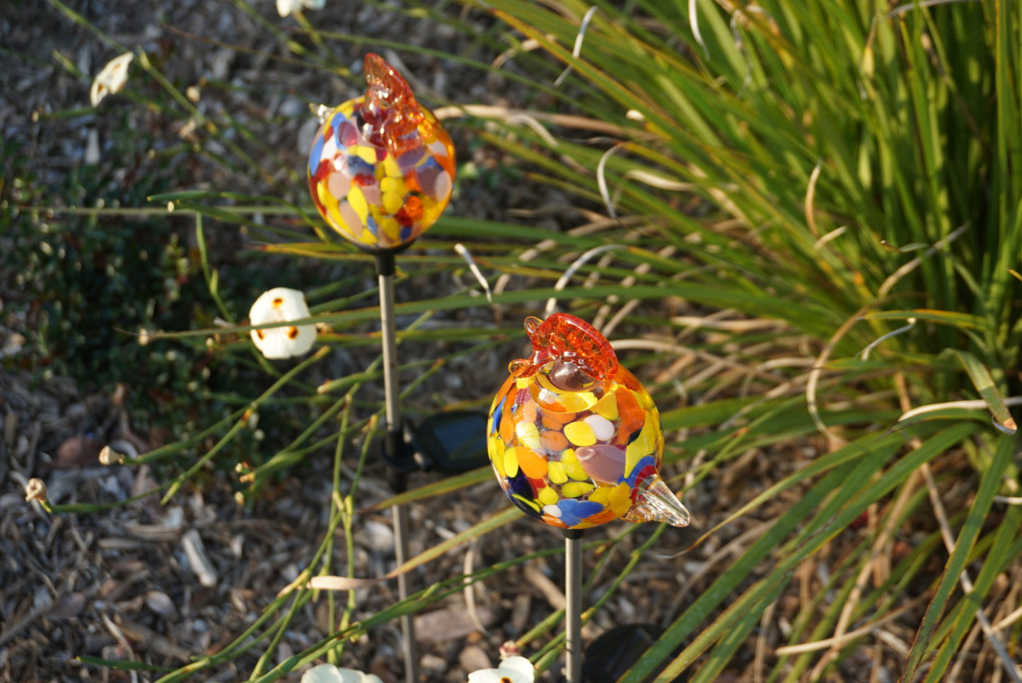 Set of 2 handmade art glass LED Solar path garden lights Garden Stake Sun Catcher Statue Figurine-Rooster Sun Catcher-Red/Multi