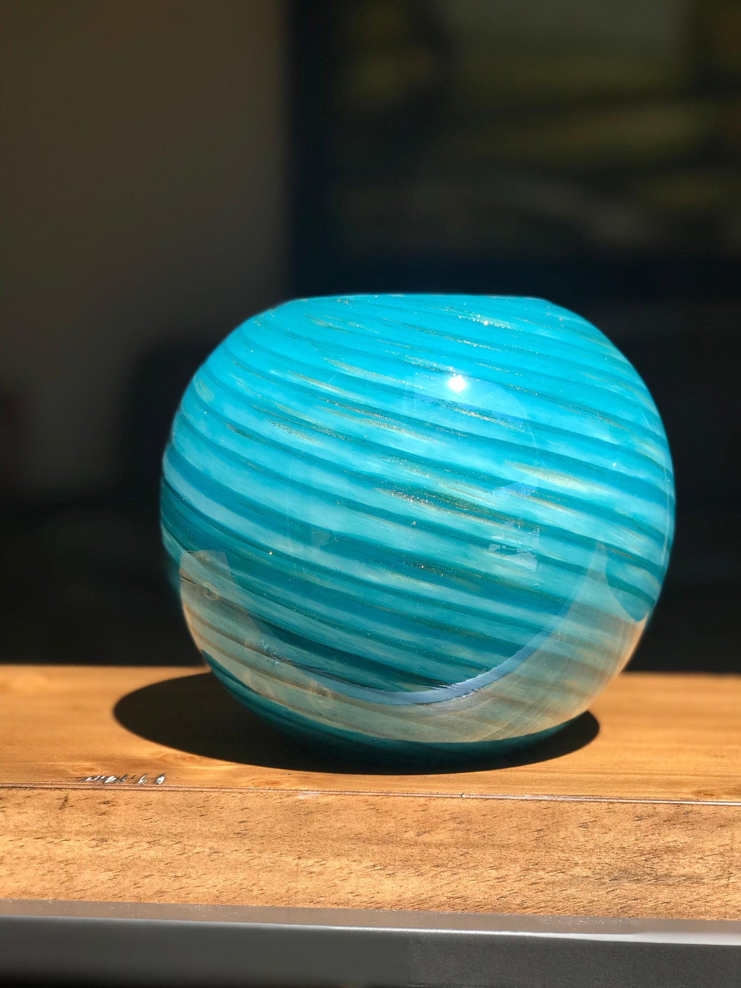 8" Artistic Planter, Handblown Art Glass Succulent Rose Ball/Vase/Candle holder, Teal Swirl w Gold Dust