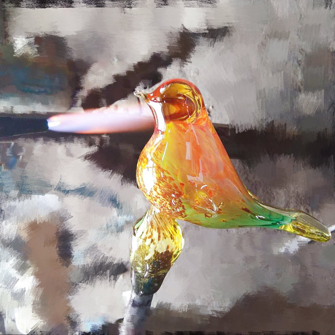 Set of 2 Handmade Art Glass LED Solar path garden lights - Bird Sun Catcher Garden Stake Statue Figurine- White Blue