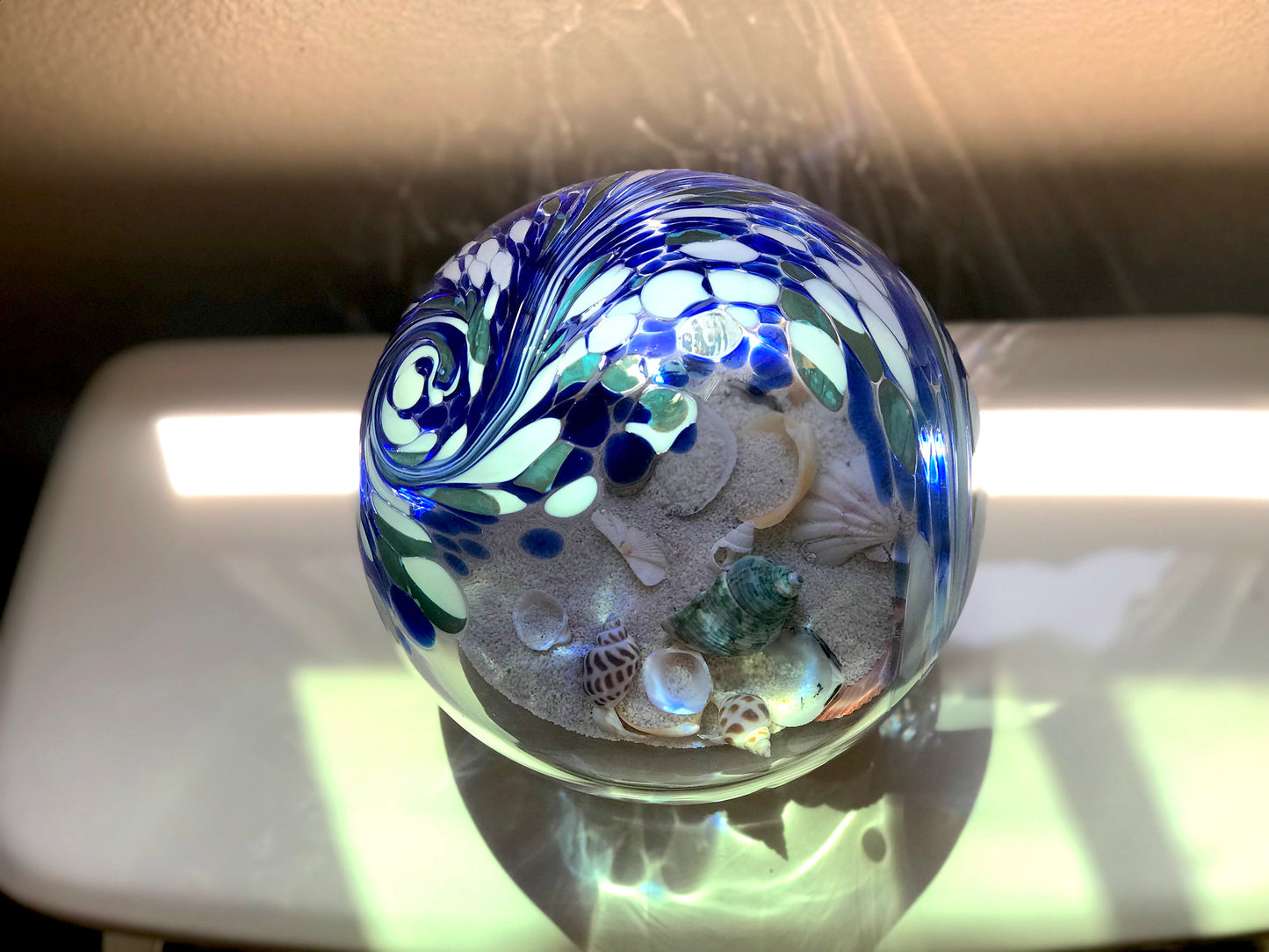 Free US Shipping~ 7" Atlantic Blue Sea Globe, handblown art glass Decor Holiday Gift with natural sea shell and sand