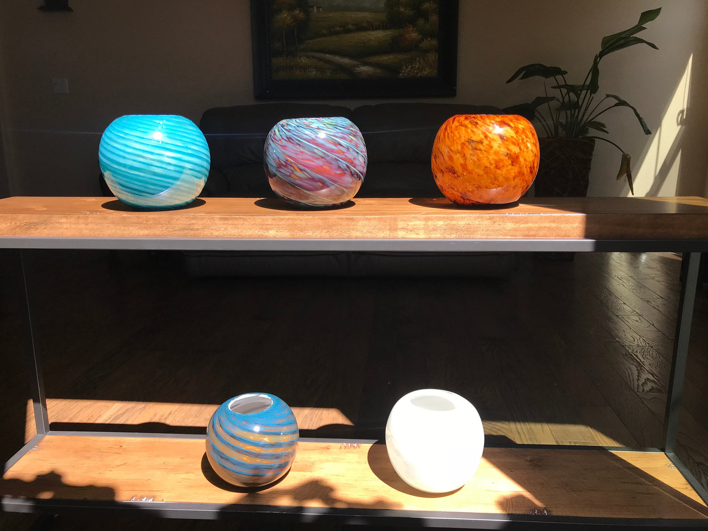 8" Artistic Planter, Handblown Art Glass Succulent Rose Ball/Vase/Candle holder, Teal Swirl w Gold Dust