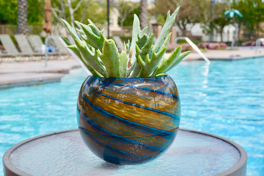 8" Handblown Art Glass Succulent Orb/Planter/Vase/Candle holder, Teal & Amber Swirl