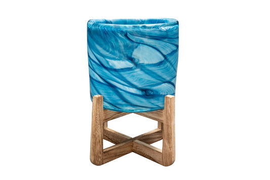 Hand Blown 8" Art Glass Planter on Wood Stand