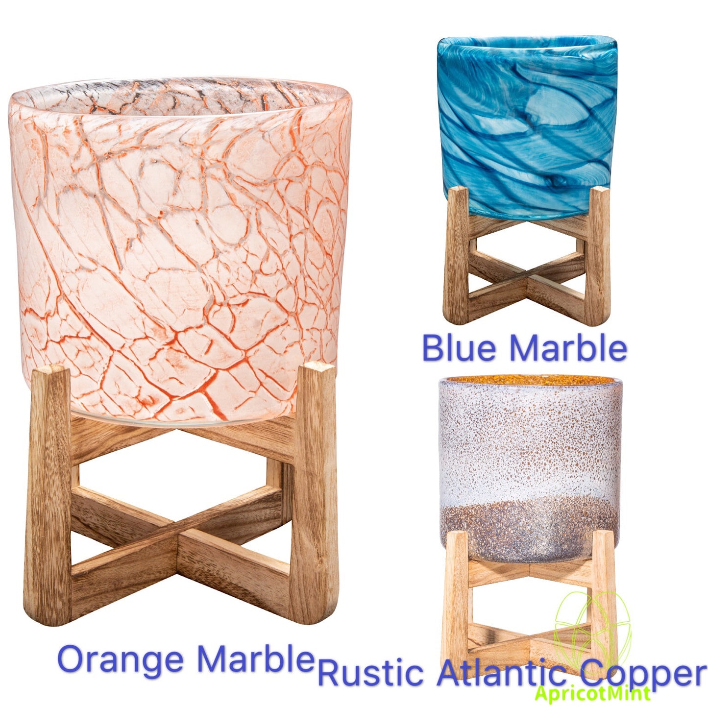 Hand Blown 8" Art Glass Planter on Wood Stand