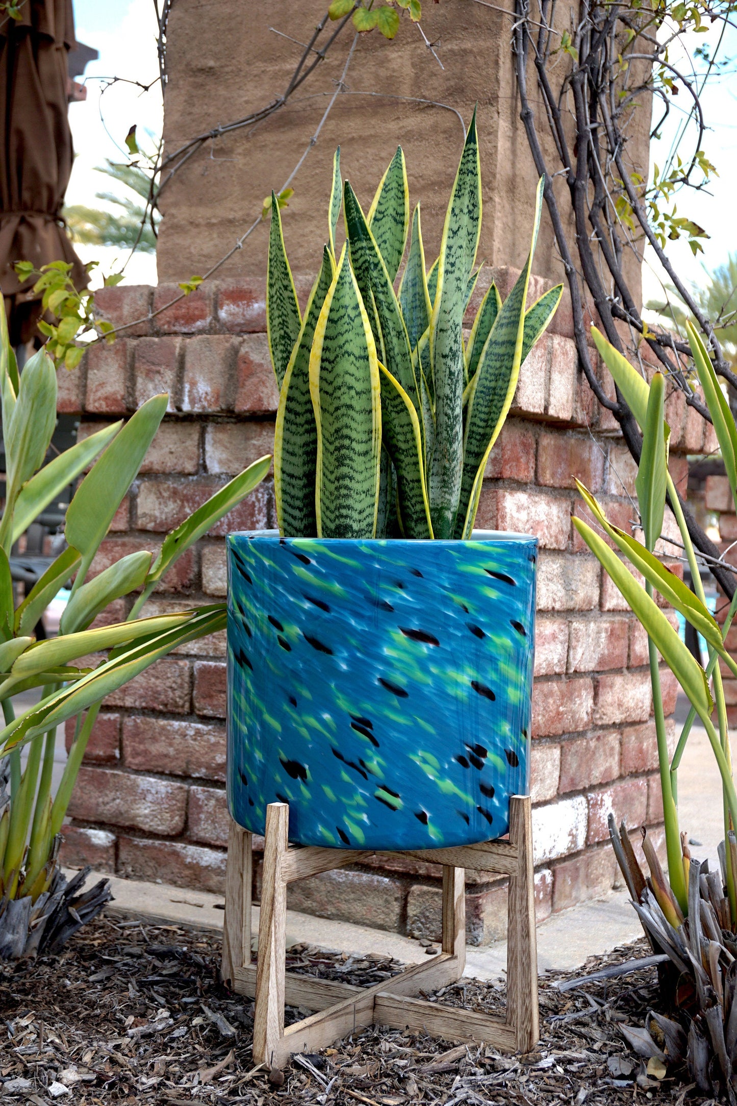 12" Hand Blown Art Glass Planter on Wood Stand