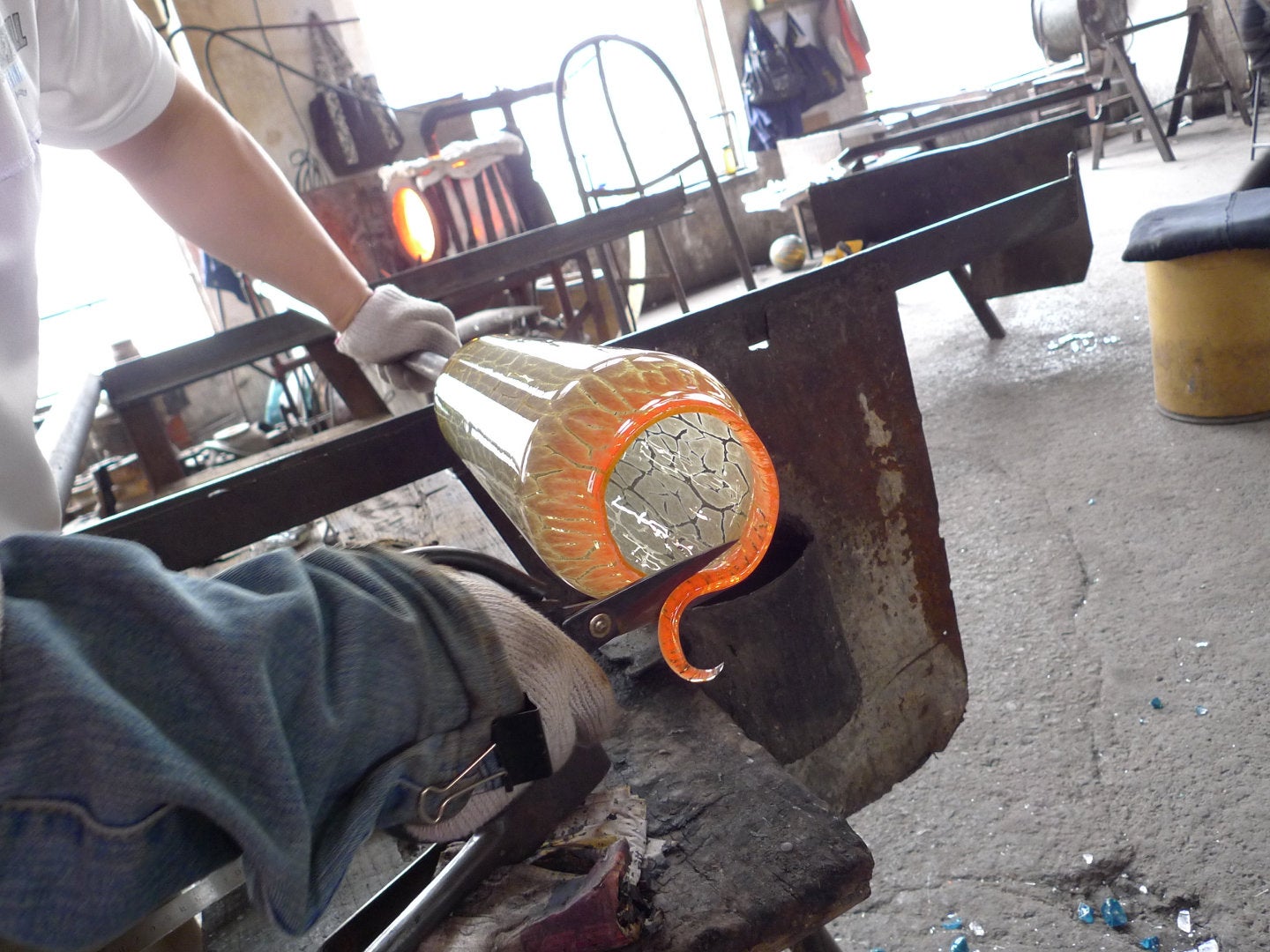 12" Hand Blown Art Glass Planter on Wood Stand