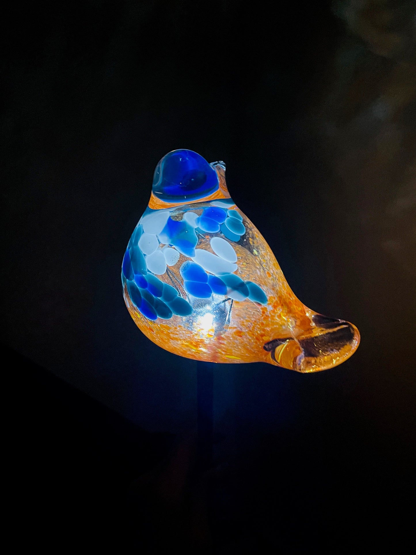 Set of 2 Handmade Art Glass LED Solar path garden lights - Bird Sun Catcher Garden Stake Statue Figurine- Orange Blue